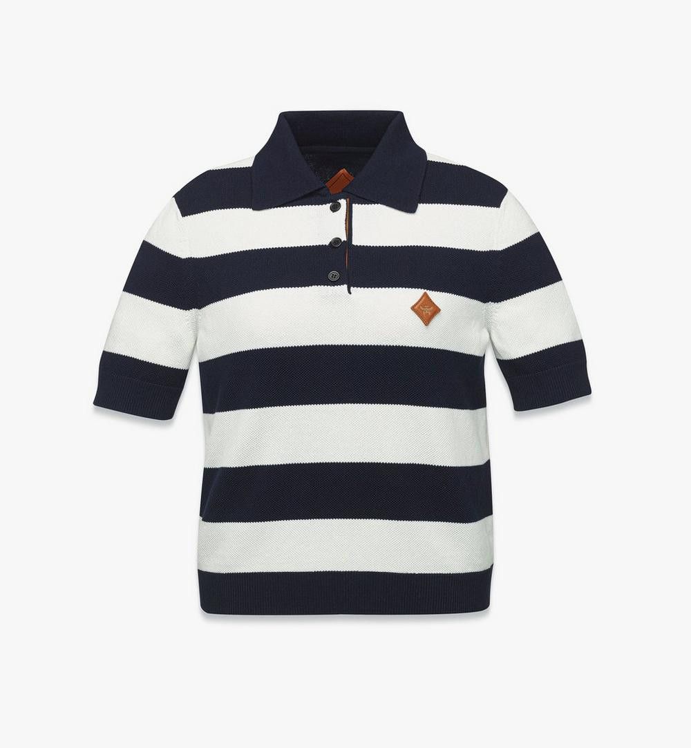 MCM o1mt1gz0725 Stripe Knit Cropped Polo Shirt in White/Blue Size L / US 10 / IT 46 - 1 Thumbnail
