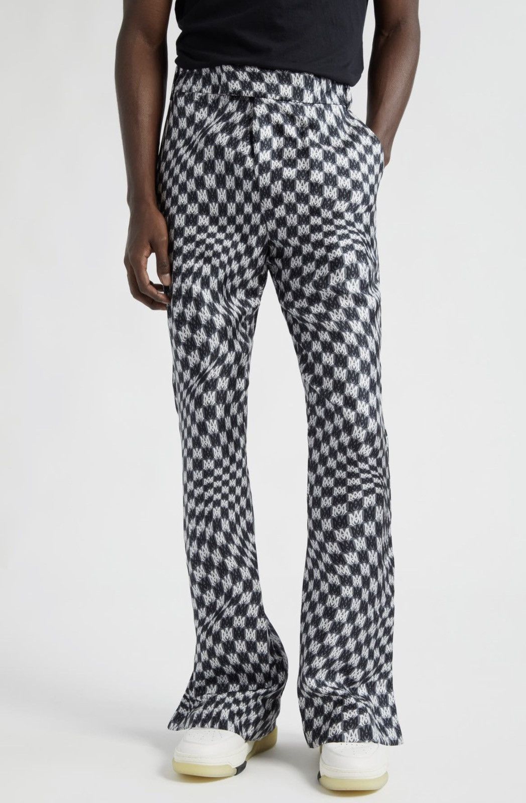 image of Amiri Warp Logo Silk Flare Pants in Black/White, Men's (Size 34)