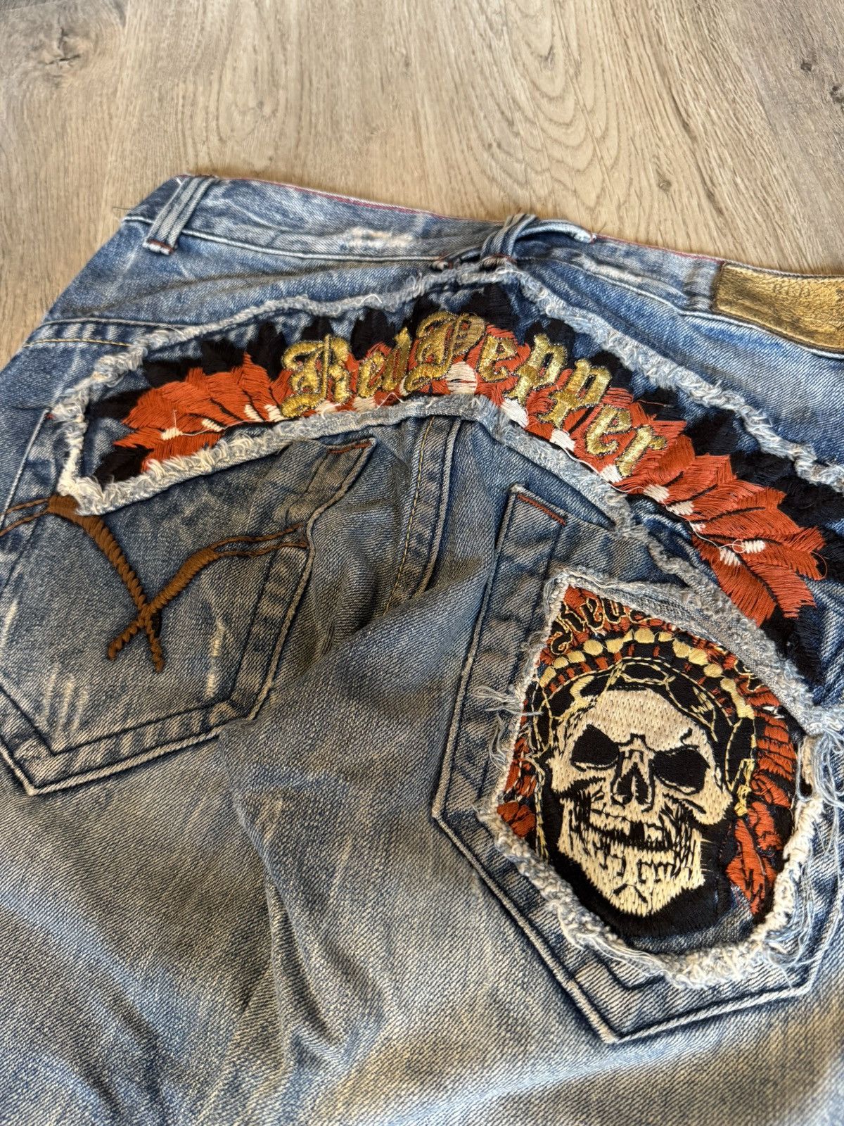 Japanese Brand DISTRESSED RED PEPPER DENIM SKULL LOGO LIKE LGB STYLE Size US 30 / EU 46 - 3 Thumbnail