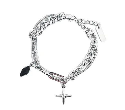 Jewelry Silver Chain Bracelet with Cross and Black Gem Charms Size ONE SIZE - 5 Thumbnail