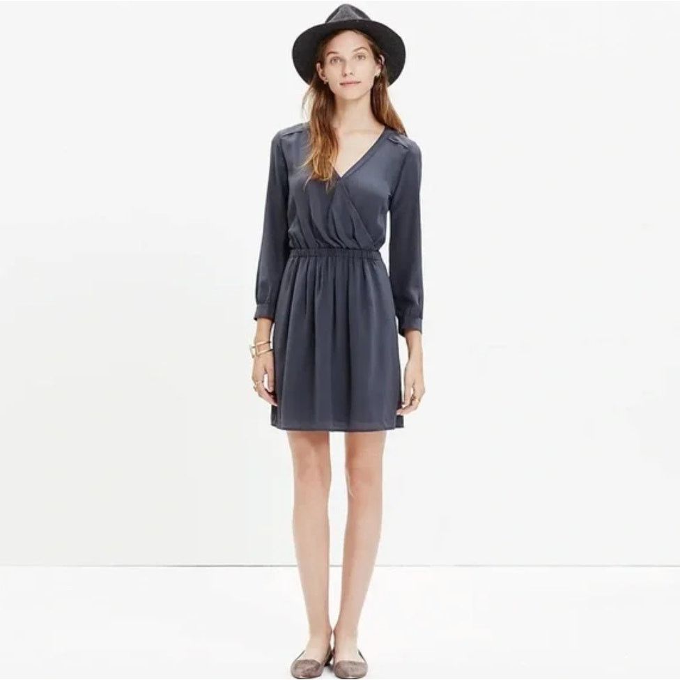 Madewell Madewell Navy Long Sleeve Silk Faux Wrap Mini Dress Sz Small Size S / US 4 / IT 40 - 1 Thumbnail