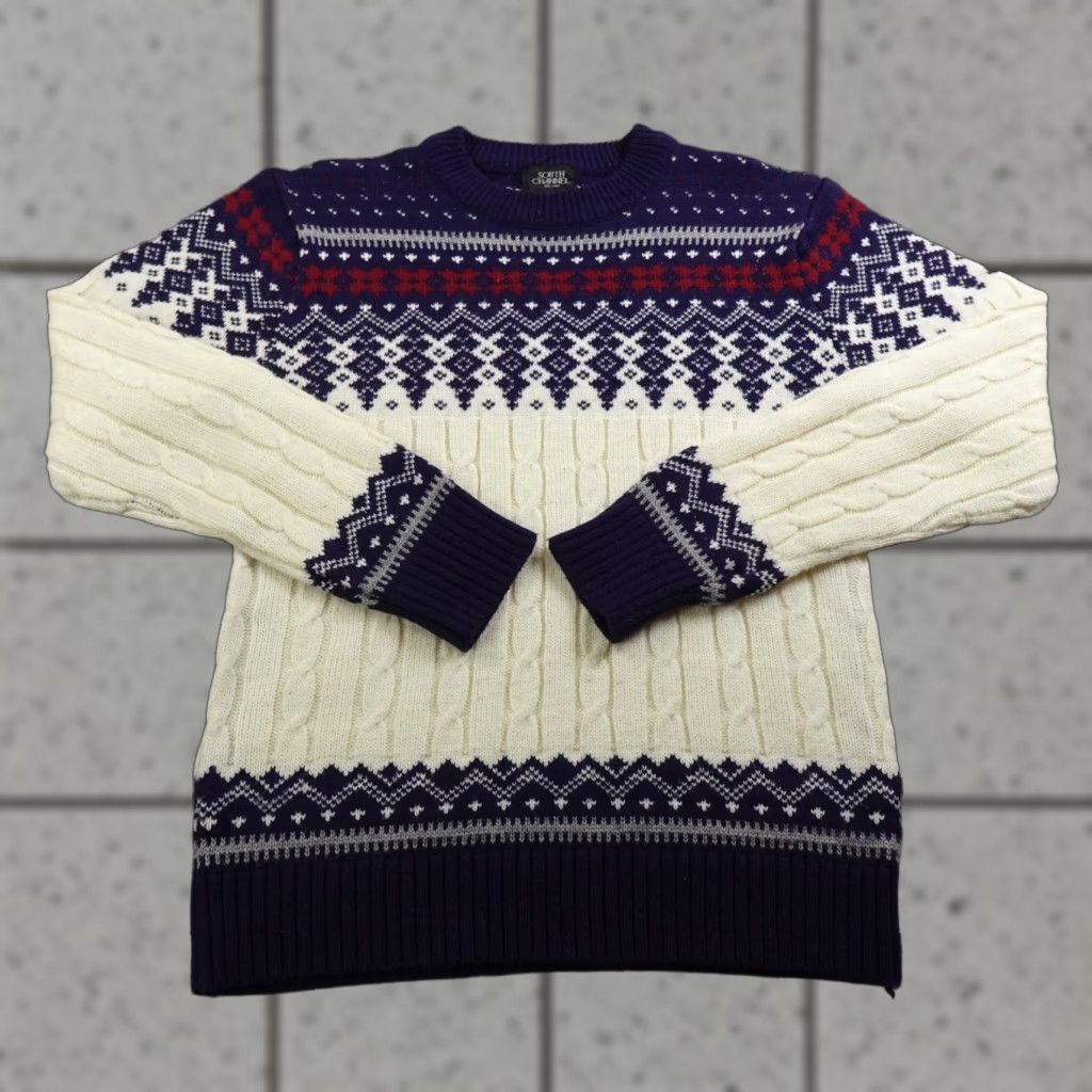 Vintage VTG Cable Knit Sweater Womens M White Blue Nordic Fair Isle Crewneck Sweatshirt Size M / US 6-8 / IT 42-44 - 1 Thumbnail
