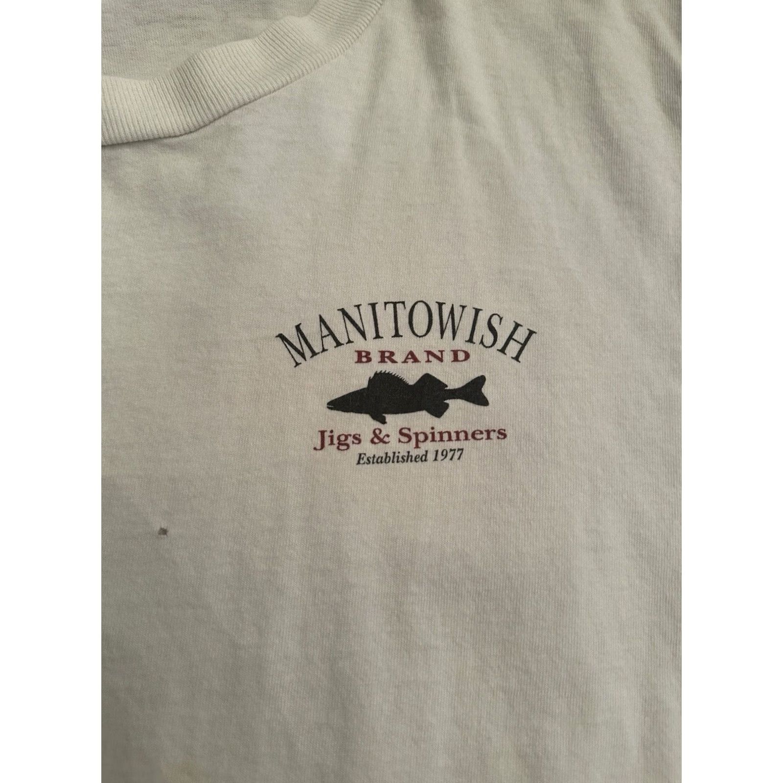 Vintage Manitowish Brand Jigs And Spinners Fishing T-Shirt White Large Distressed Mens L White Distressed Fish Shirt Size US L / EU 52-54 / 3 - 3 Thumbnail