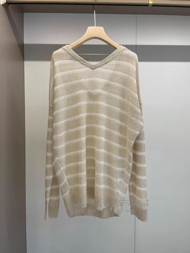Brunello Cucinelli Brunello Cucinelli Beige linen sequin long-sleeved sweater Size L / US 10 / IT 46 - 2 Thumbnail