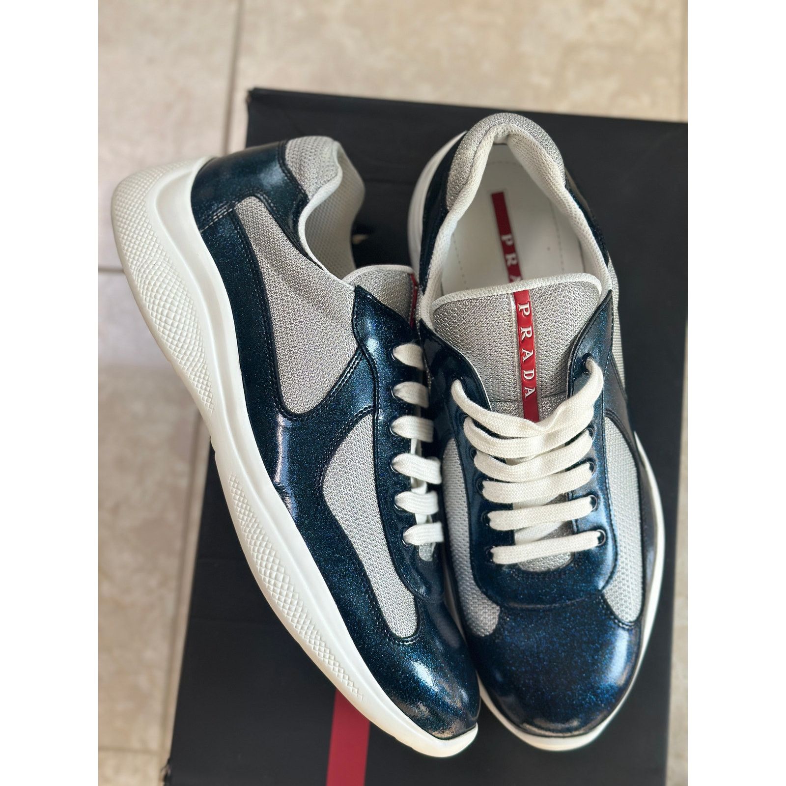 Prada America's Cup Sneakers Blue Glitter Detail Size 10Uk