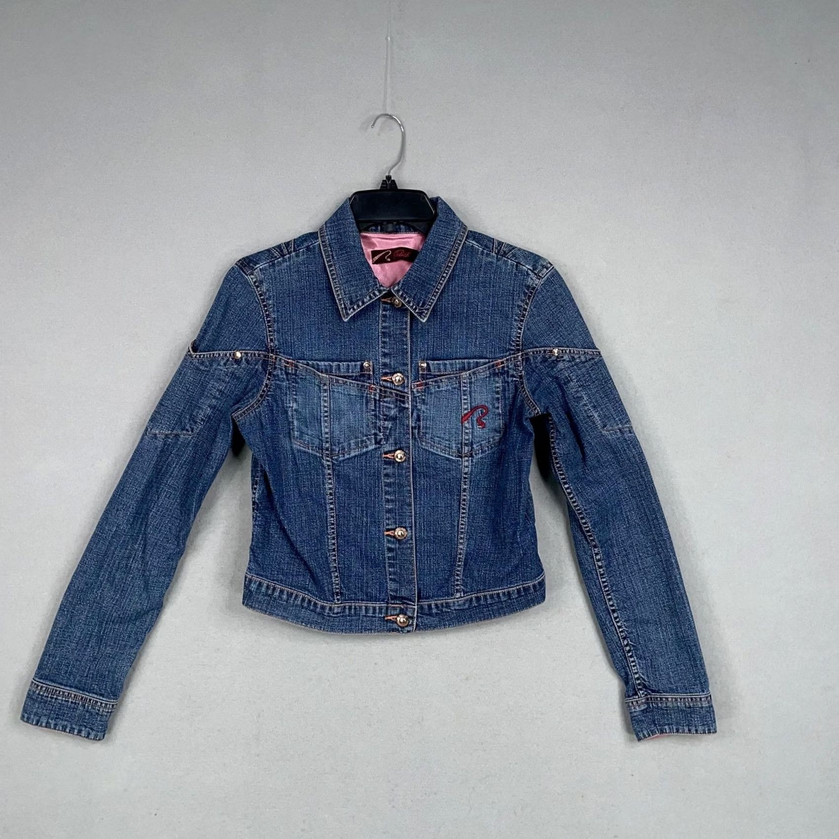 Denime Fetish Denim Jacket Womens Small Blue Jean Fitted Button Front Western Style 90s Casual Mens Womens Girls Boys Size 28" / US 6 / IT 42 - 2 Thumbnail