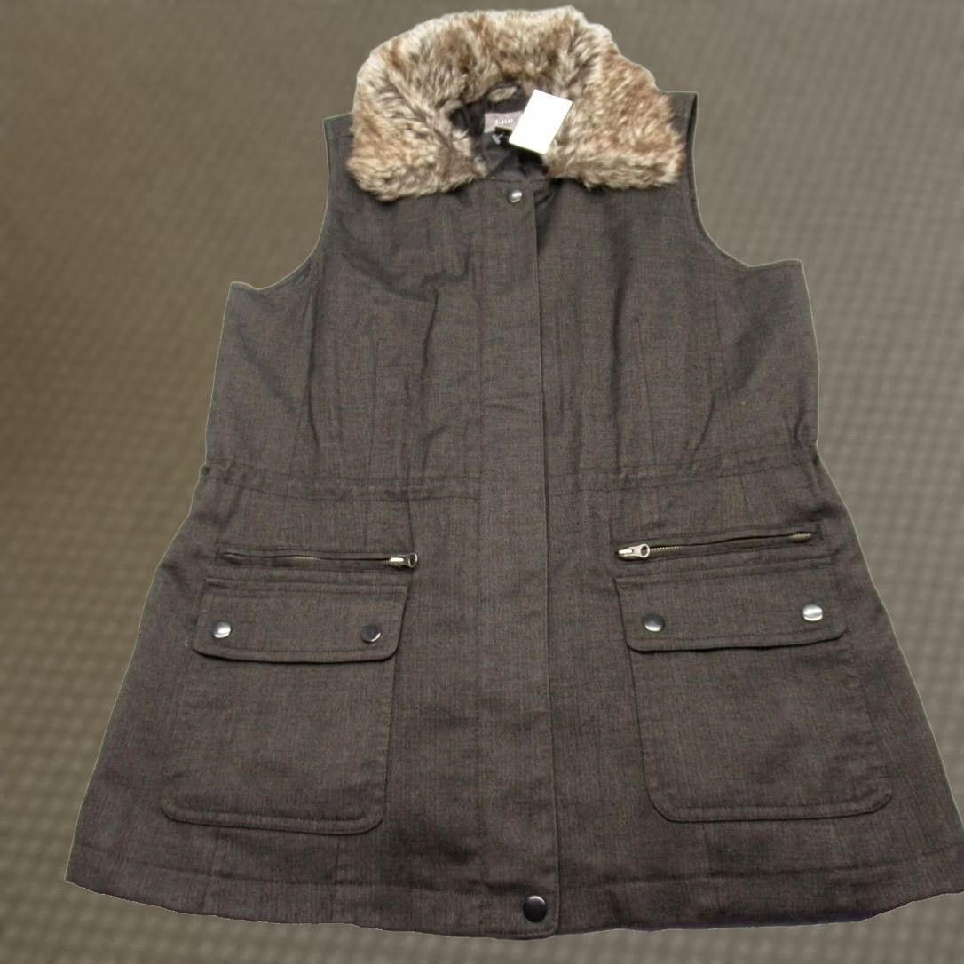 J. Jill J Jill Vest Womens Medium Brown Pockets Cinch Waist Faux Fur Collar Full Zip NEW Size M / US 6-8 / IT 42-44 - 1 Thumbnail