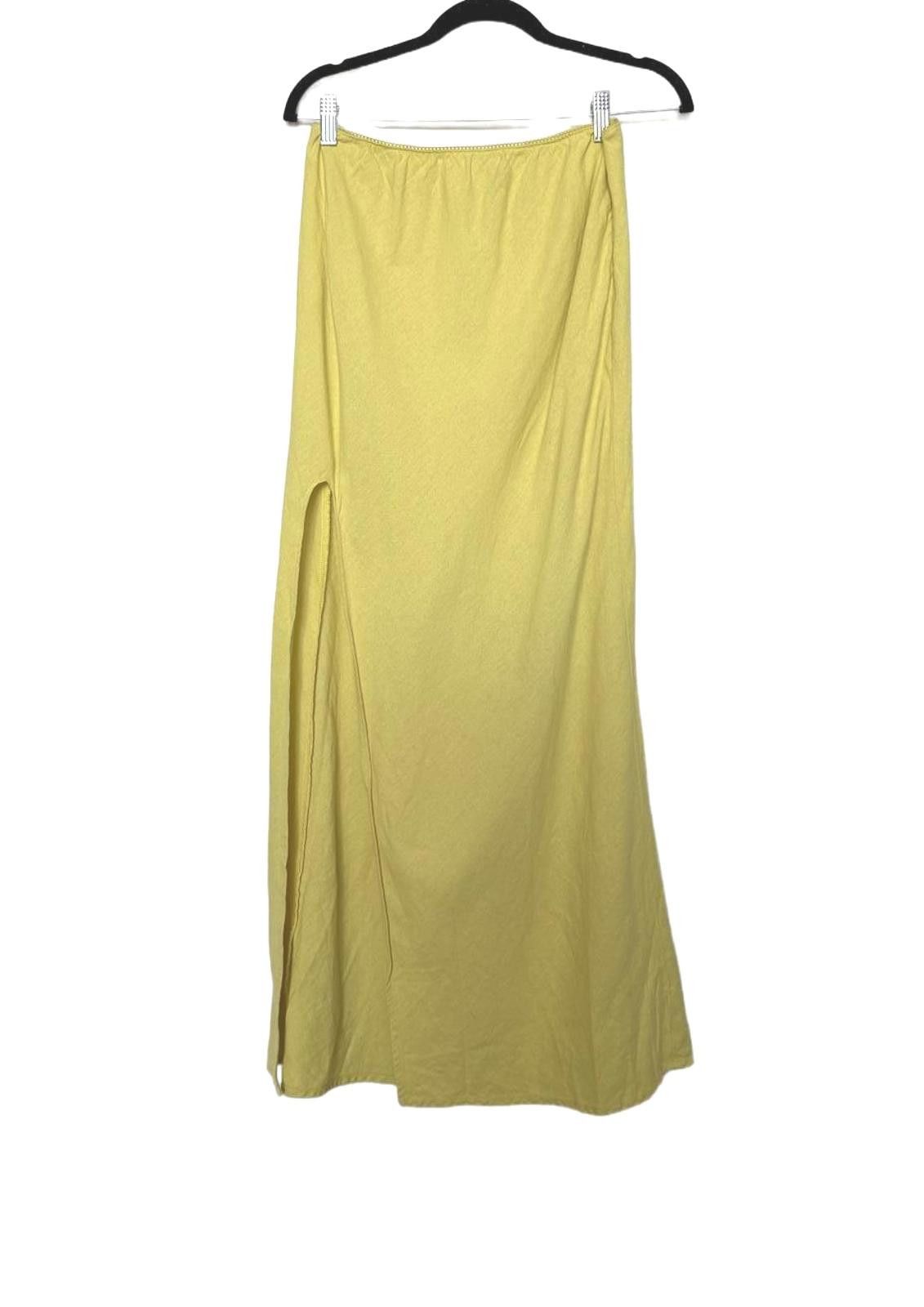 Designer Yellow Linen Maxi Skirt High Slit Size 32" / US 10 / IT 46 - 1 Thumbnail