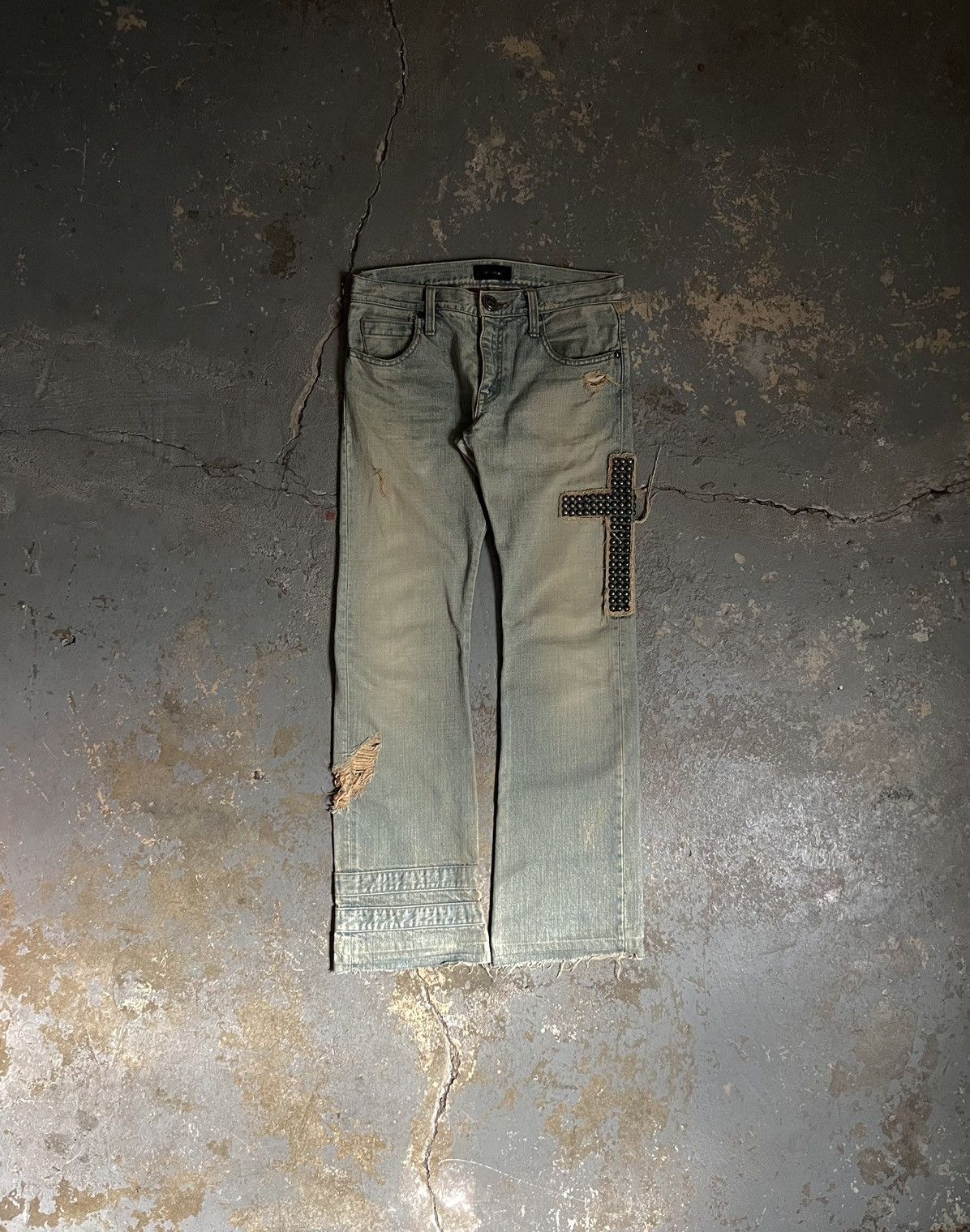 Image of If Six Was Nine x Le Grande Bleu L G B Led Richwe “Dallas” Cross Studded Bootcut Jeans in Mud (Size