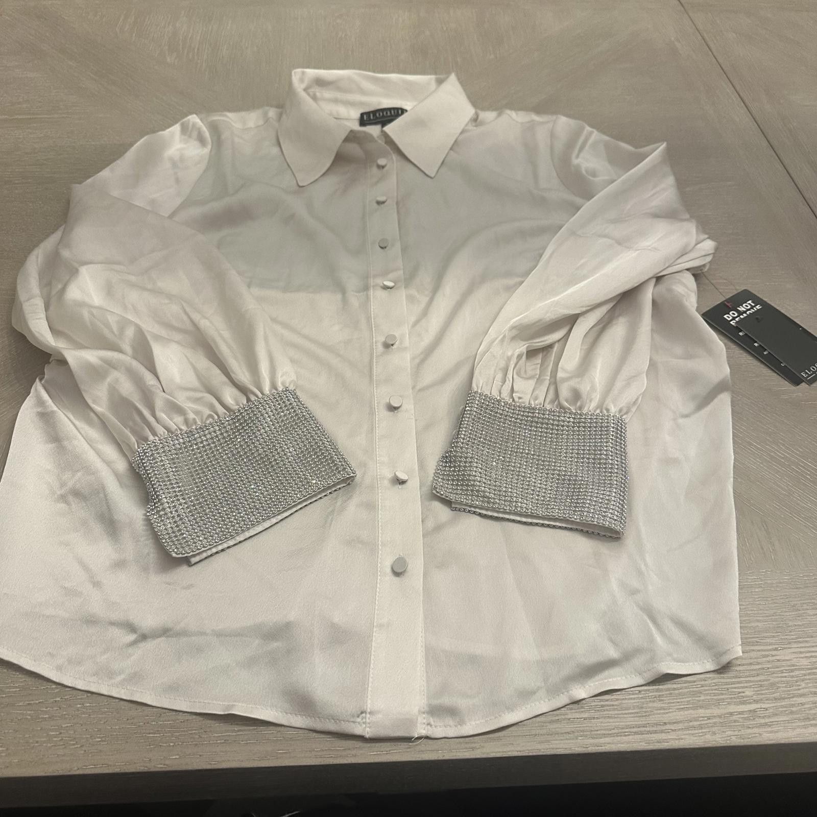 Designer Eloquii Elegant White Silk Blouse with Rhinestone Cuffs Size XXL / US 16-18 / IT 52-54 - 1 Thumbnail