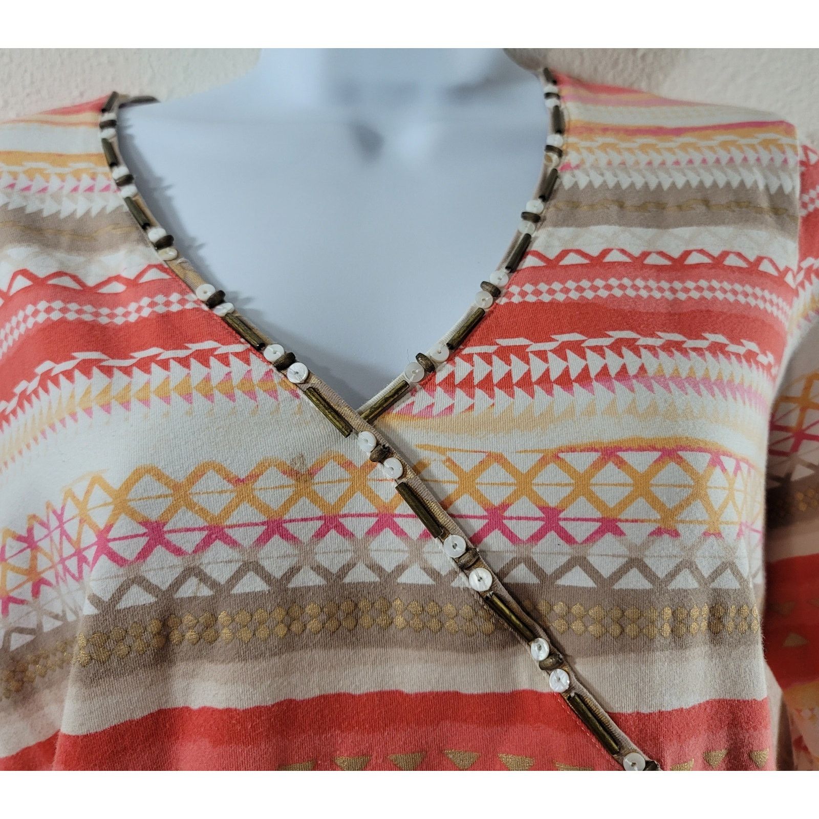 Other Ruby Rd. Orange Gold White Beaded V Neck Top Large Size L / US 10 / IT 46 - 2 Thumbnail