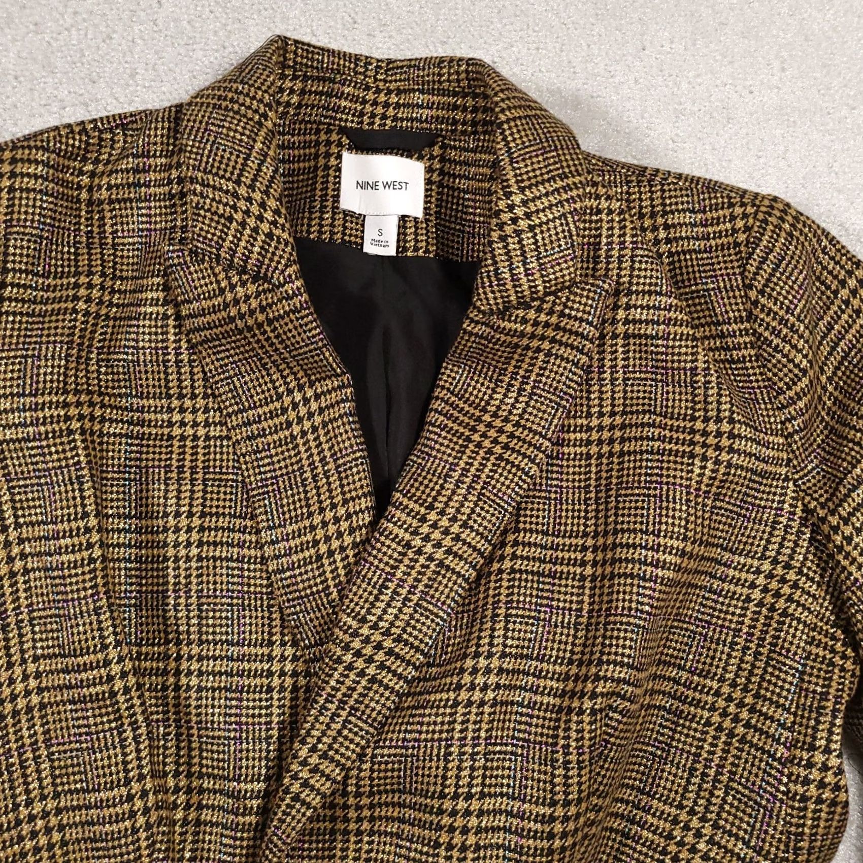 Nine West Nine West Blazer Women's S Gold Shimmer Houndstooth Jacket Coat Lined Size S / US 4 / IT 40 - 3 Thumbnail