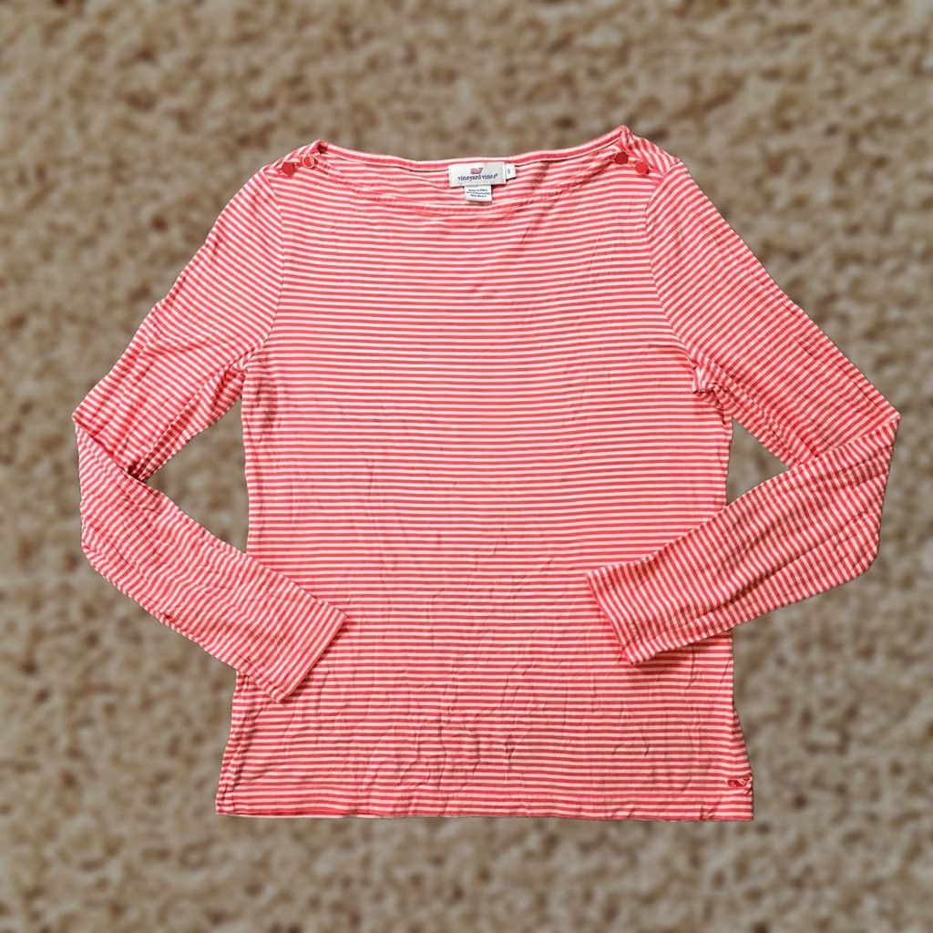 Vineyard Vines Vineyard Vines Top Womens Size Small Orange Pink Striped Boat Neck Pima Casual Shirt Size S / US 4 / IT 40 - 1 Thumbnail