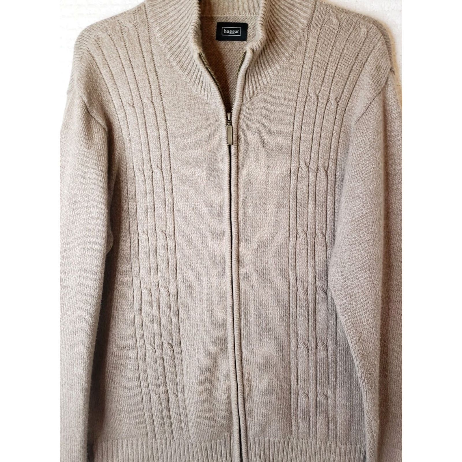 Haggar Haggar Men L Khaki Beige Full Zip Mock Neck Cable Knit Sweater Very Nice! Size US L / EU 52-54 / 3 - 2 Thumbnail