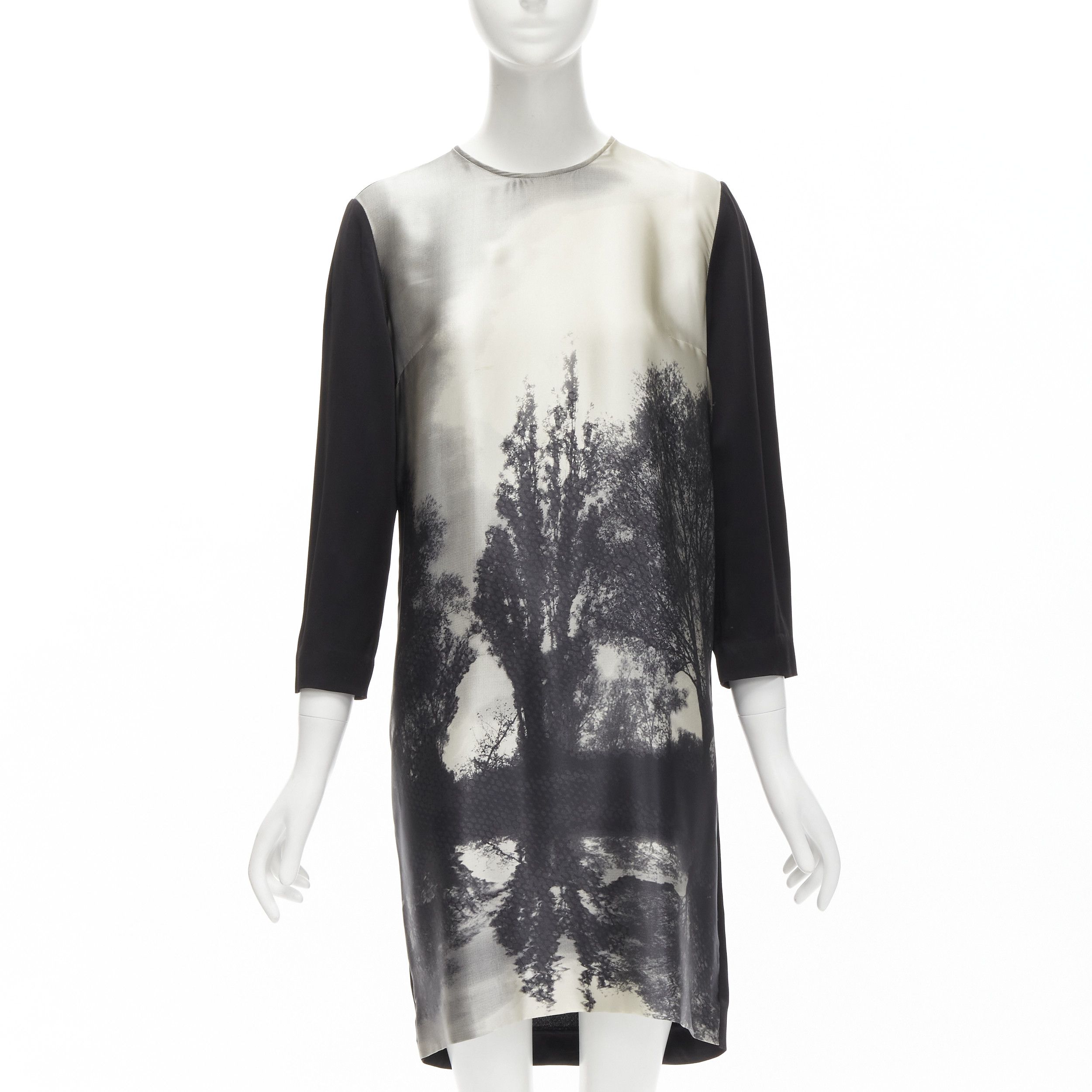 Stella McCartney STELLA MCCARTNEY 100% silk black grey tree photo print crew neck dress Size M / US 6-8 / IT 42-44 - 1 Thumbnail