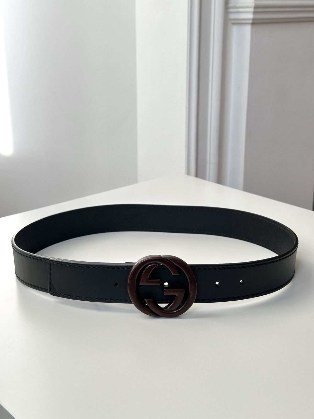 Gucci GUCCI Wooden Brown Buckle Leather Double GG Belt Size: 85/34 Size 30 - 2 Thumbnail