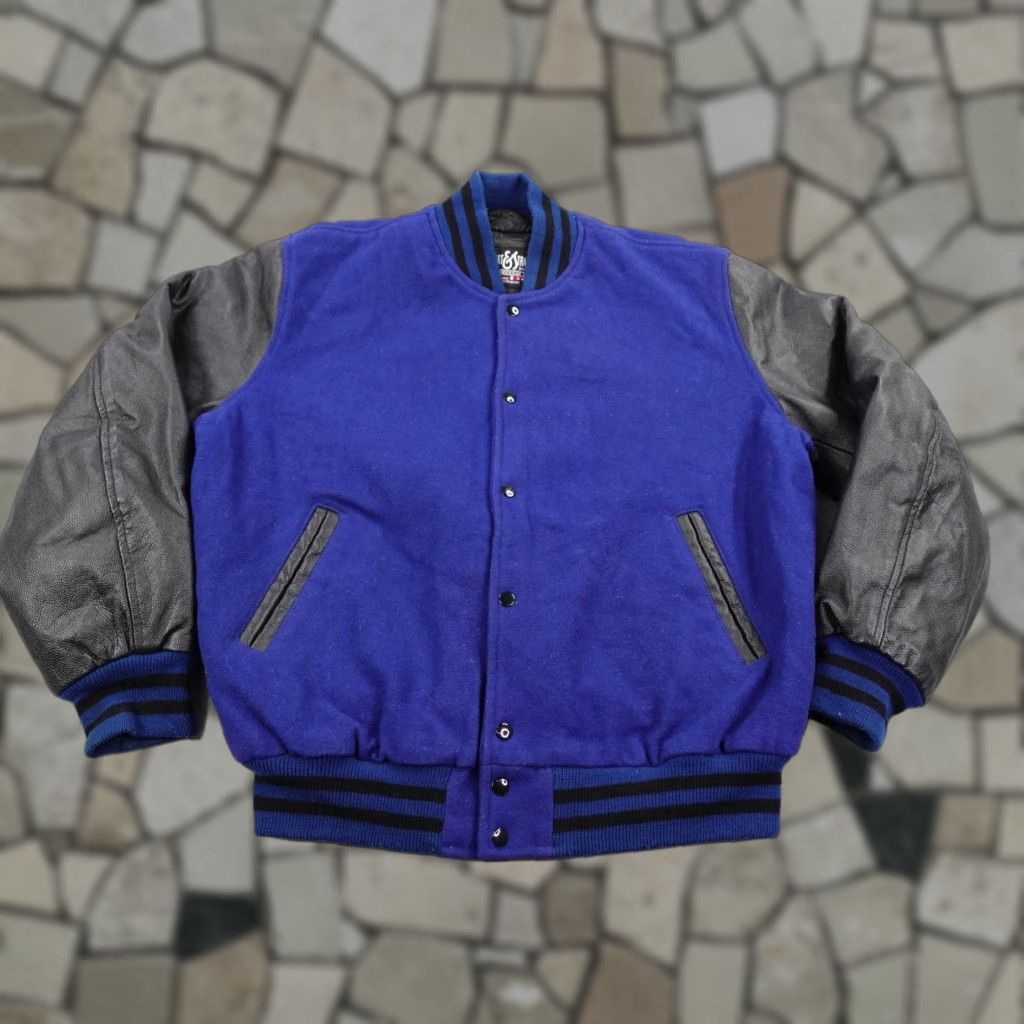 Vintage Stewart & Strauss Jacket Mens XL Blue Black Wool Leather Varsity Coat Quilted Size US XL / EU 56 / 4 - 1 Thumbnail