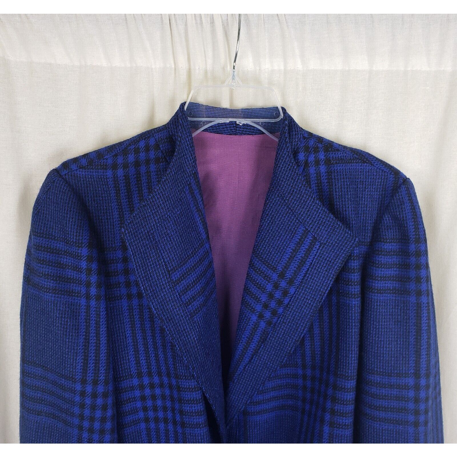 Vintage Vtg Cobalt Plaid Draped Collar Tie Wrap Jacket Blazer France Size L / US 10 / IT 46 - 2 Thumbnail