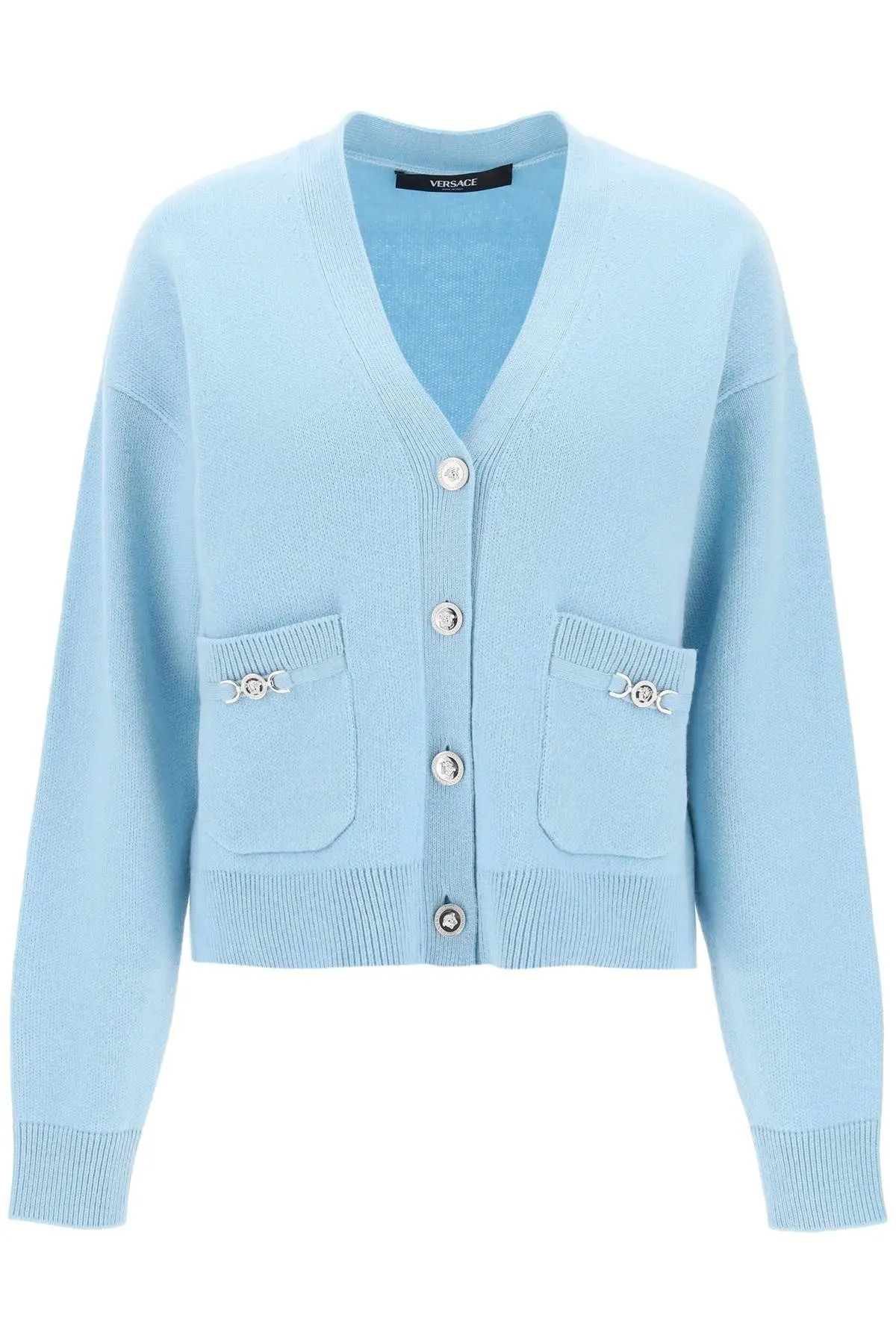 image of Versace O1S22I1N1223 Medusa '95 Cashmere Cardigan In Light Blue, Women's (Size Small)