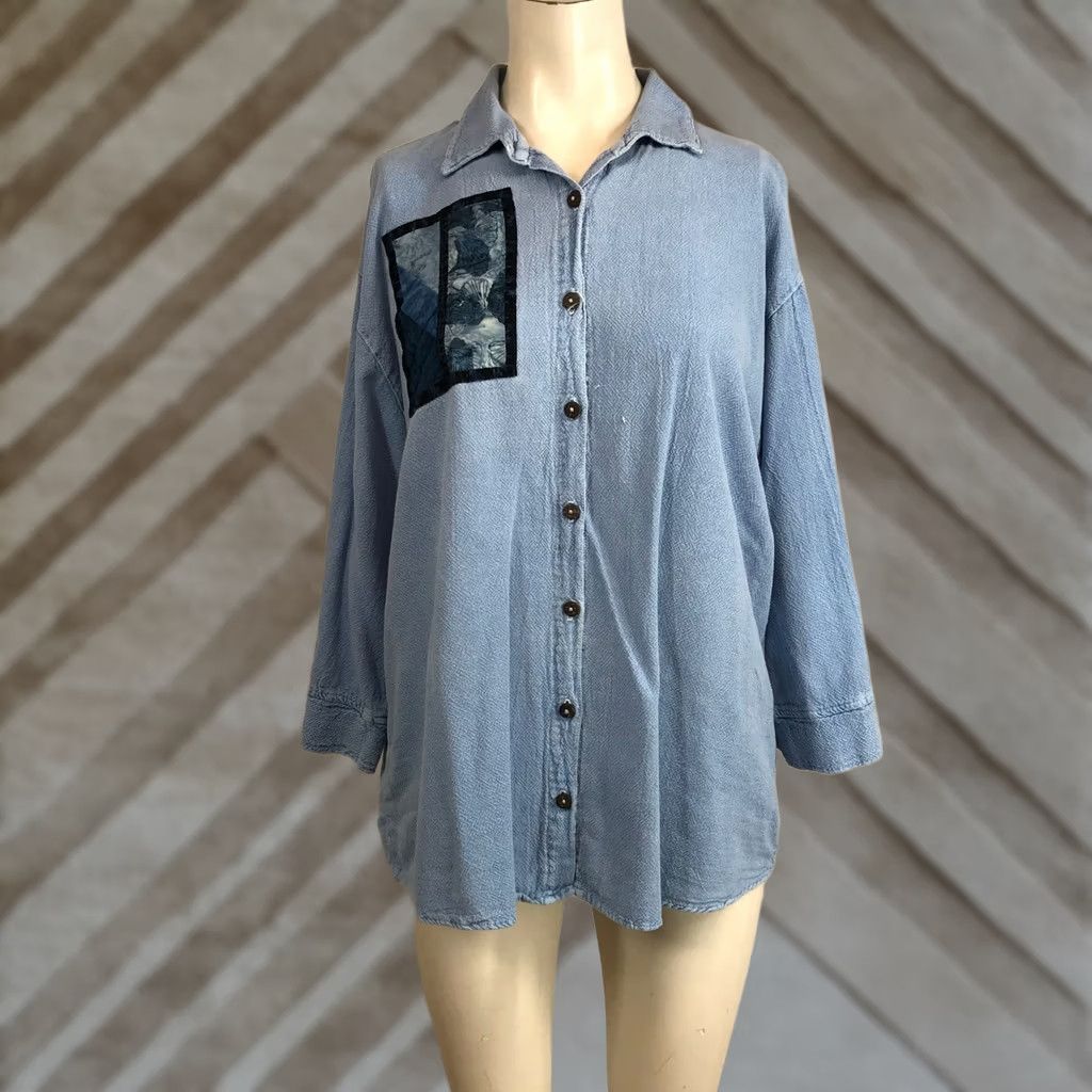 Vintage Brie Kriebel Clothing Blue Batik Patchwork Button Down Shirt Womens Large Oregon Size L / US 10 / IT 46 - 1 Thumbnail
