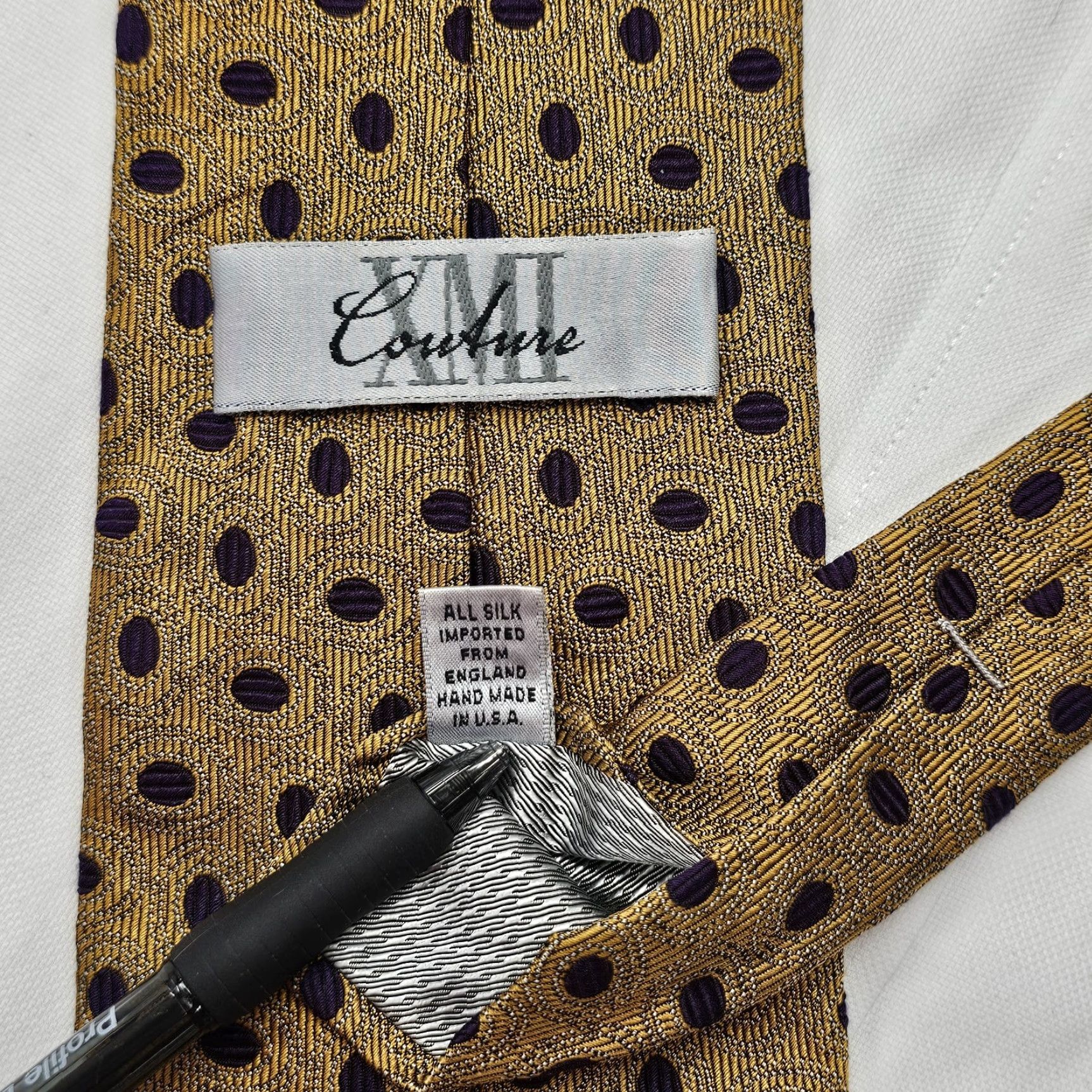Vintage XMI Couture Long Necktie Men's Gold Purple Polka Dots Textured USA Silk Size ONE SIZE - 6 Thumbnail