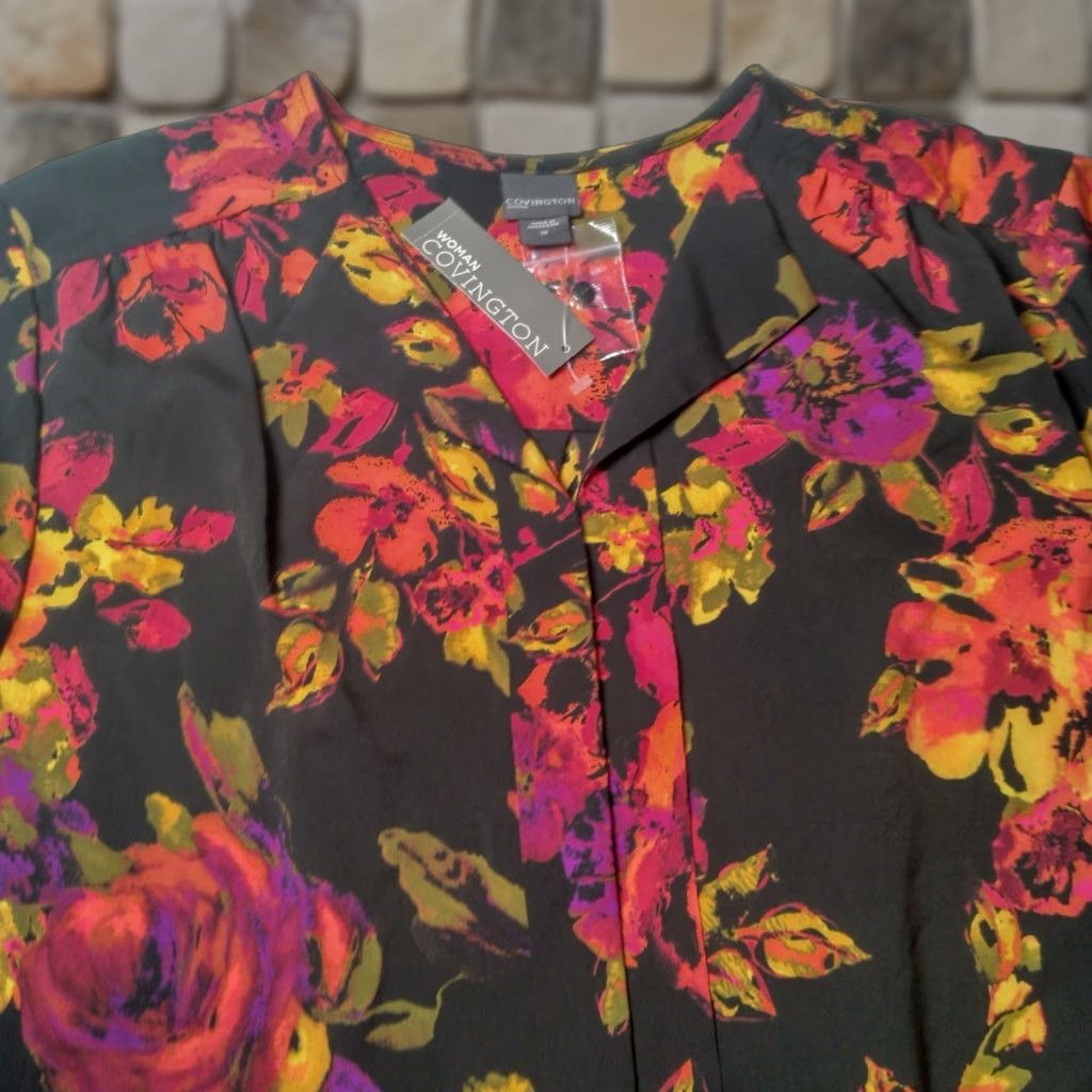 Vintage Covington Blouse Shirt 1X Plus Size Woman Floral 3/4 Roll Tab Sleeve Black Pink Salmon Size XL / US 12-14 / IT 48-50 - 1 Thumbnail