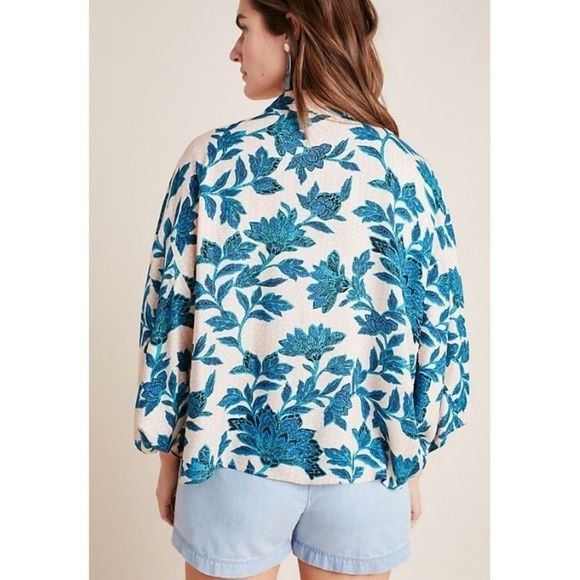 Anthropologie Anderson & Lauth Teal Coral Print Kimono Size ONE SIZE - 3 Thumbnail