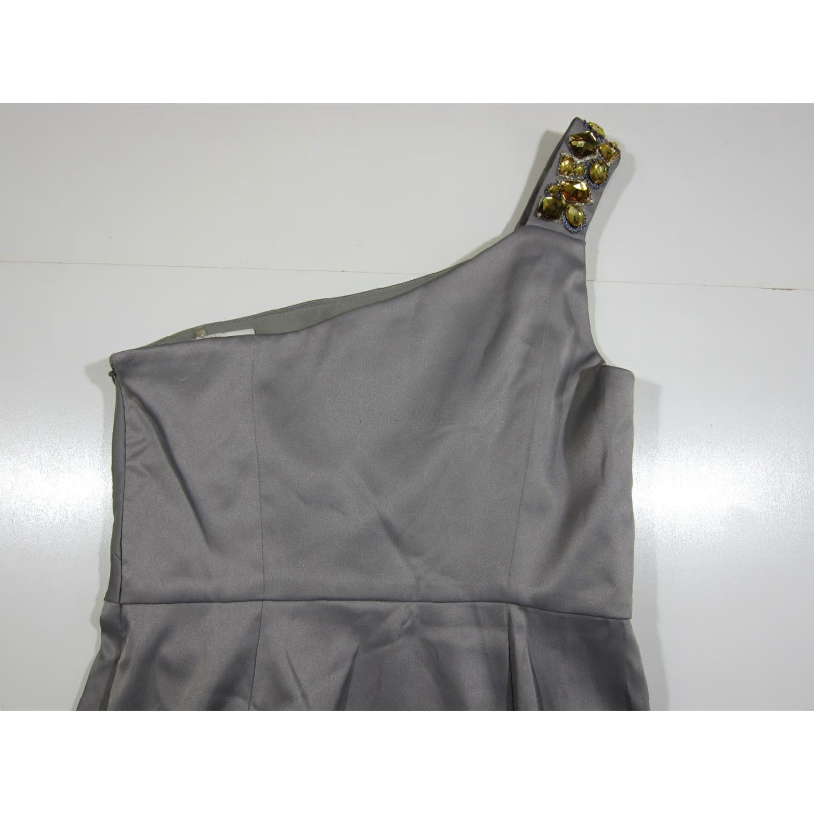 Vintage NWT Jones Wear Grey Satin Gold Jewel Beaded One Shoulder Cocktail Dress Size 6 Size M / US 6-8 / IT 42-44 - 5 Thumbnail