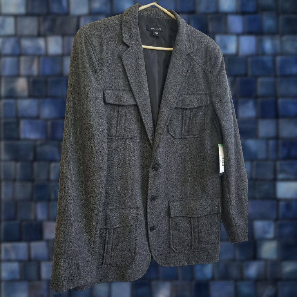 Vintage Structure Men’s Modern Fit Sports Jacket Blazer Herringbone Black Onyx Size large Size 42R - 1 Thumbnail