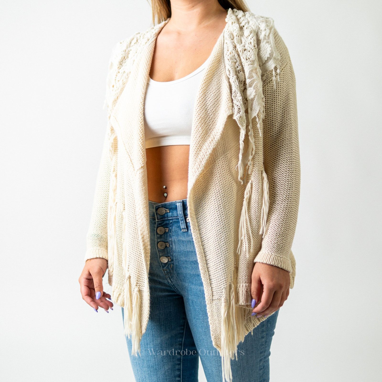 Designer Double Zero Crochet Tassel Knit Lace Sweater Cardigan Size S / US 4 / IT 40 - 7 Thumbnail