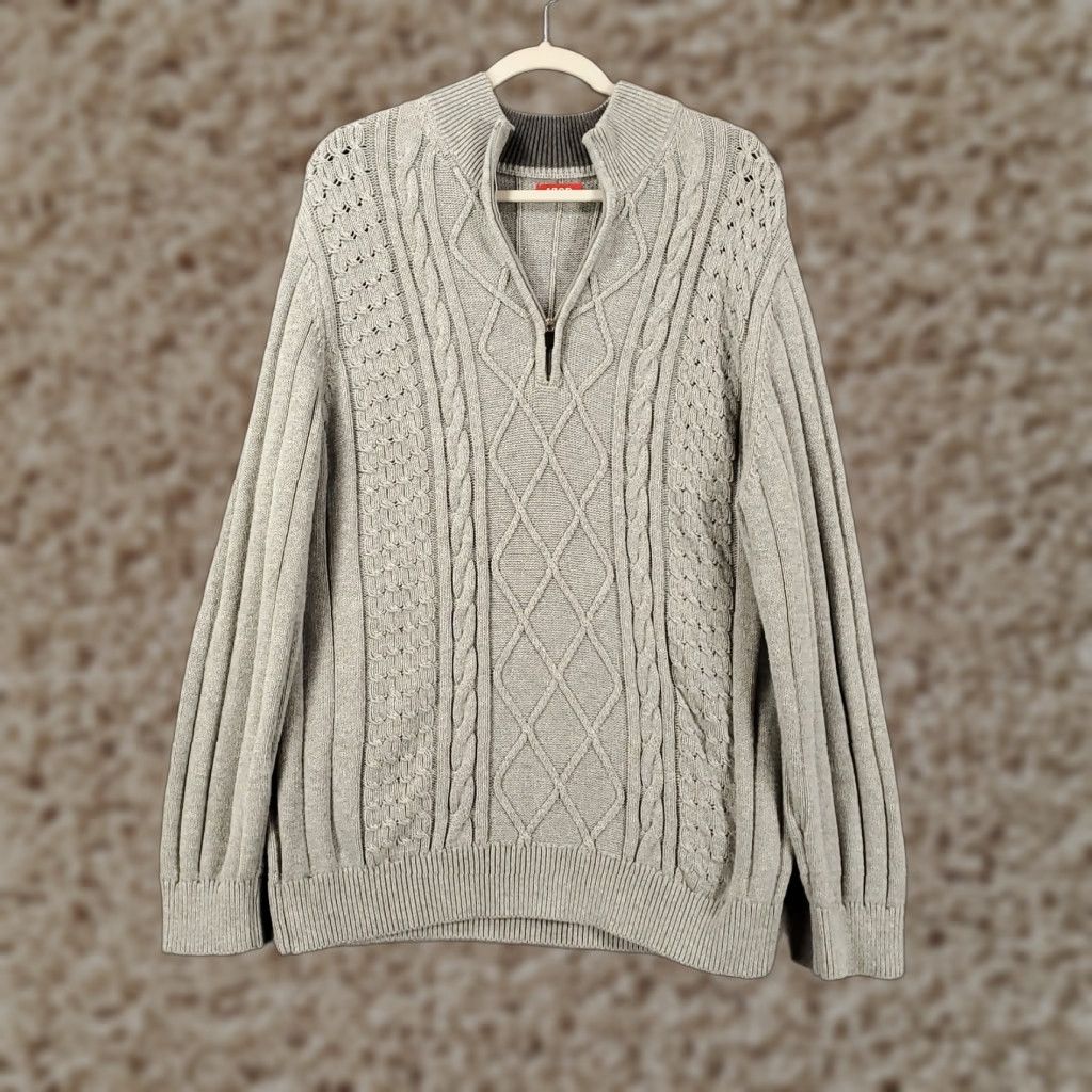 Izod IZOD Mens Sweater Pullover Knit Cable 1/4 Zip Gray Large Long Sleeve High Neck 3/4 Zip Textured Classic Argyle Cotton Size US L / EU 52-54 / 3 - 1 Thumbnail