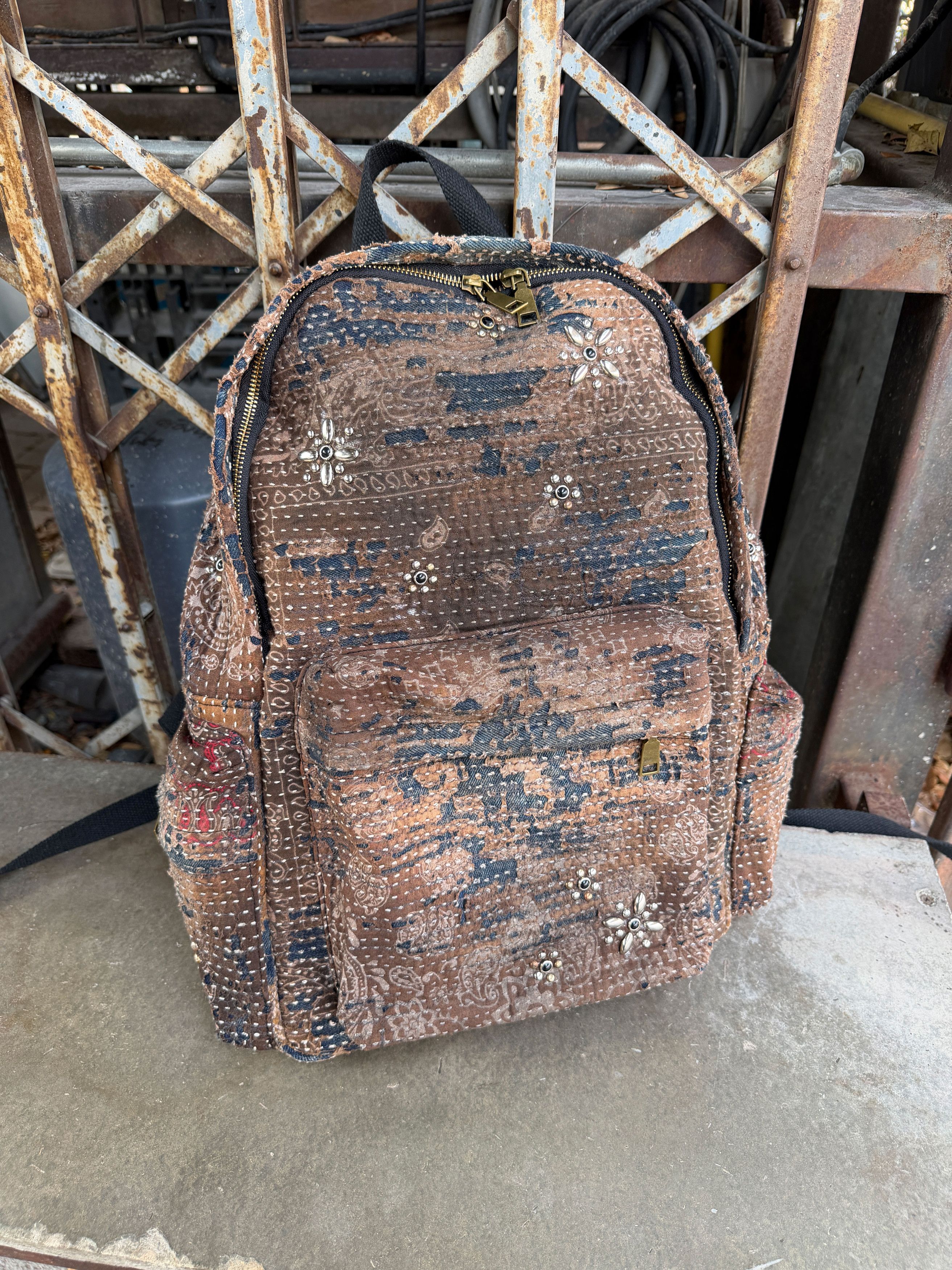 Japanese Brand BORO SASHIKO Studded FLOWER Backpack 🕷️🕸️ Size ONE SIZE - 1 Thumbnail