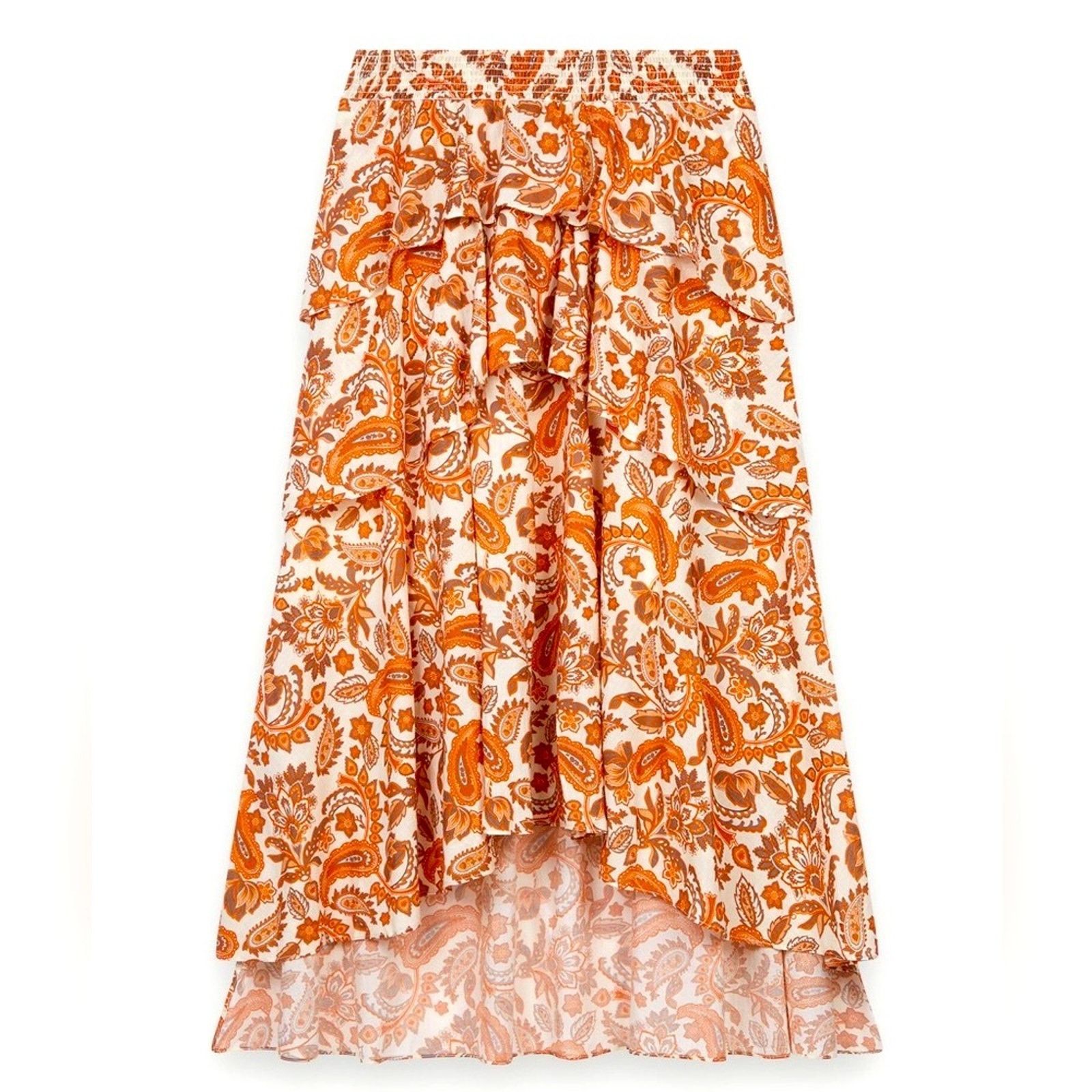 Maje MAJE $345 Orange Paisley Cotton Tiered Skirt FR34 USXS Size 26" / US 2 / IT 38 - 3 Thumbnail