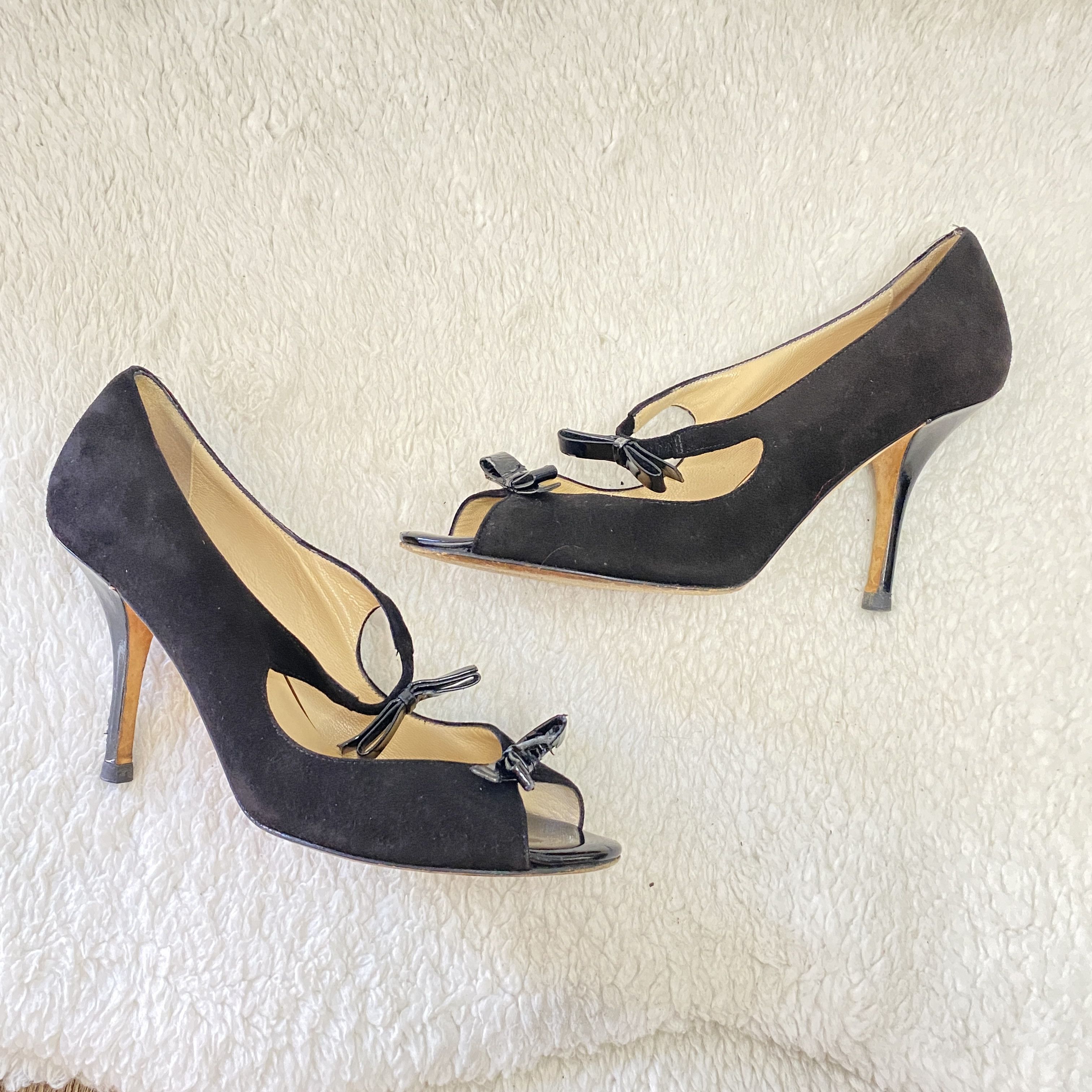 Kate Spade Kate Spade Black Suede Patent Leather Peep Toe Bow Pumps Size US 7.5 / IT 37.5 - 9 Thumbnail