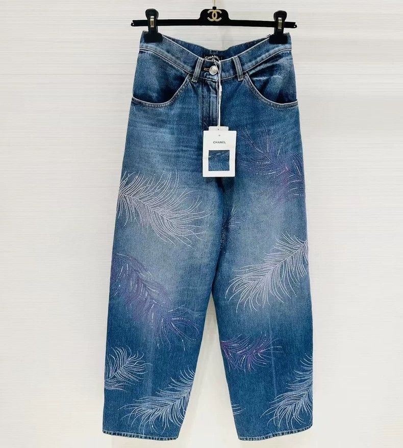 Chanel Chanel 25S blue feather rhinestone jeans wide-leg pants Size 42" / US 20 - 1 Thumbnail