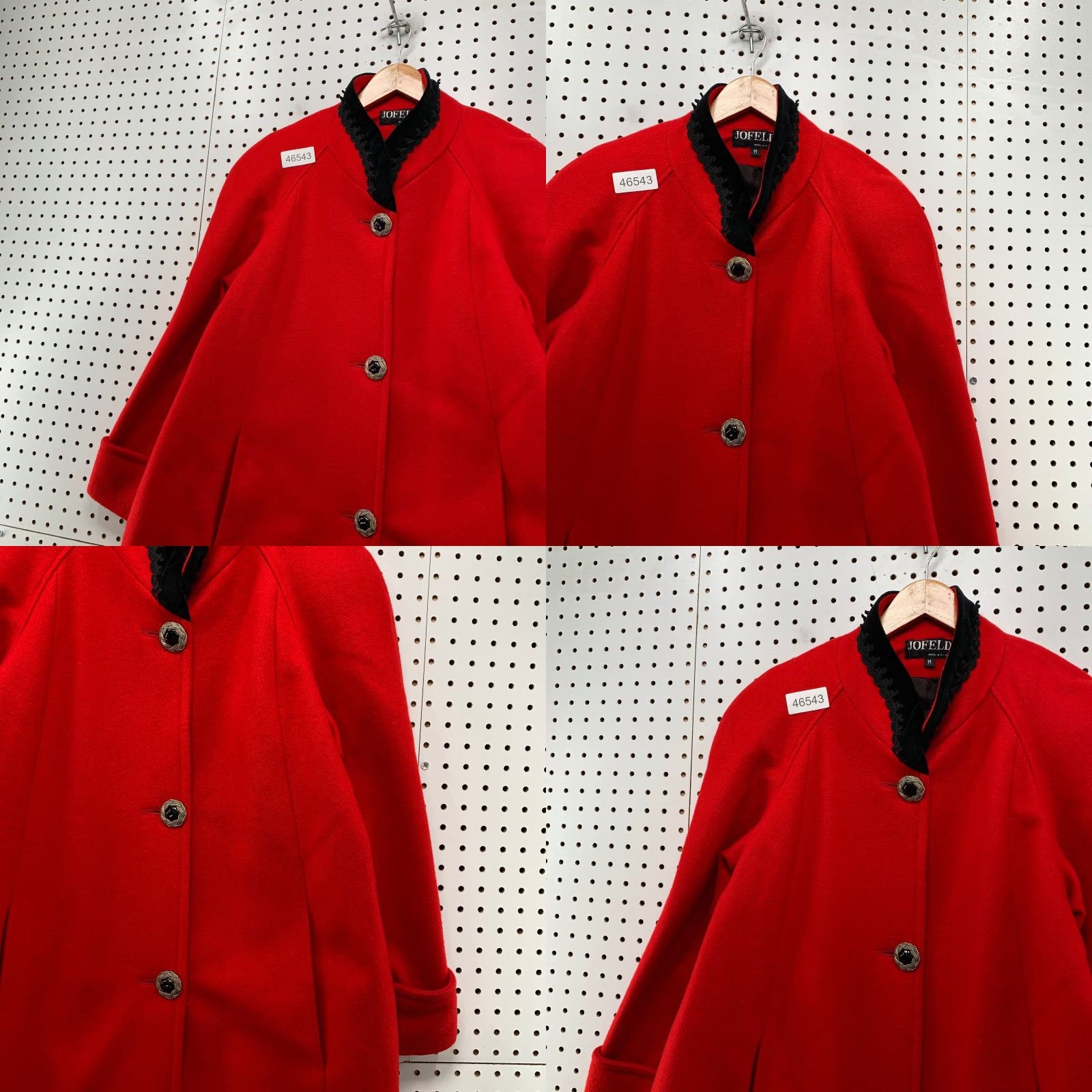 Velvet VINTAGE JOFELD Wool Overcoat Womens M Red Black Buttons Velvet Collar USA Shirt? Size M / US 6-8 / IT 42-44 - 8 Thumbnail