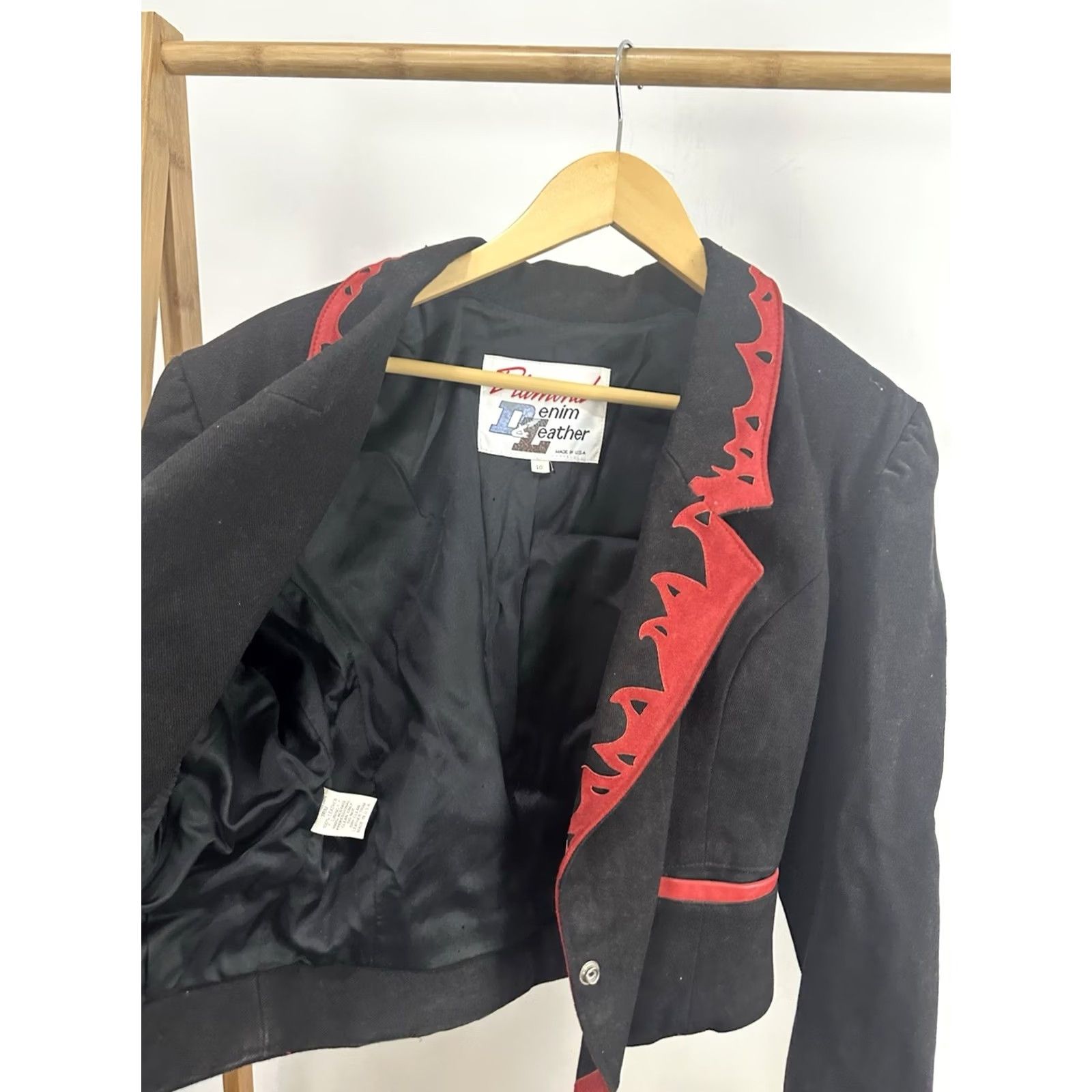 Denime VTG Diamond Denim Leather Trim Western Cropped Jacket Black 10 Womens Shirt Hoodie? Size L / US 10 / IT 46 - 5 Thumbnail