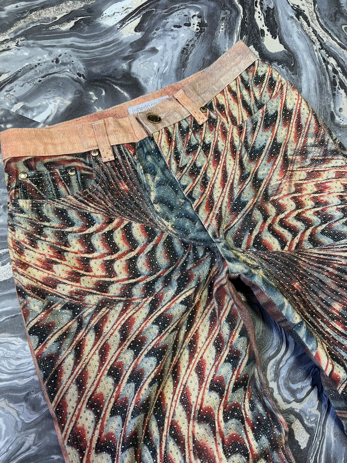Roberto Cavalli Archive Roberto Cavalli 2001 Psychedelic Spiral Print Jeans Size 29" - 6 Thumbnail