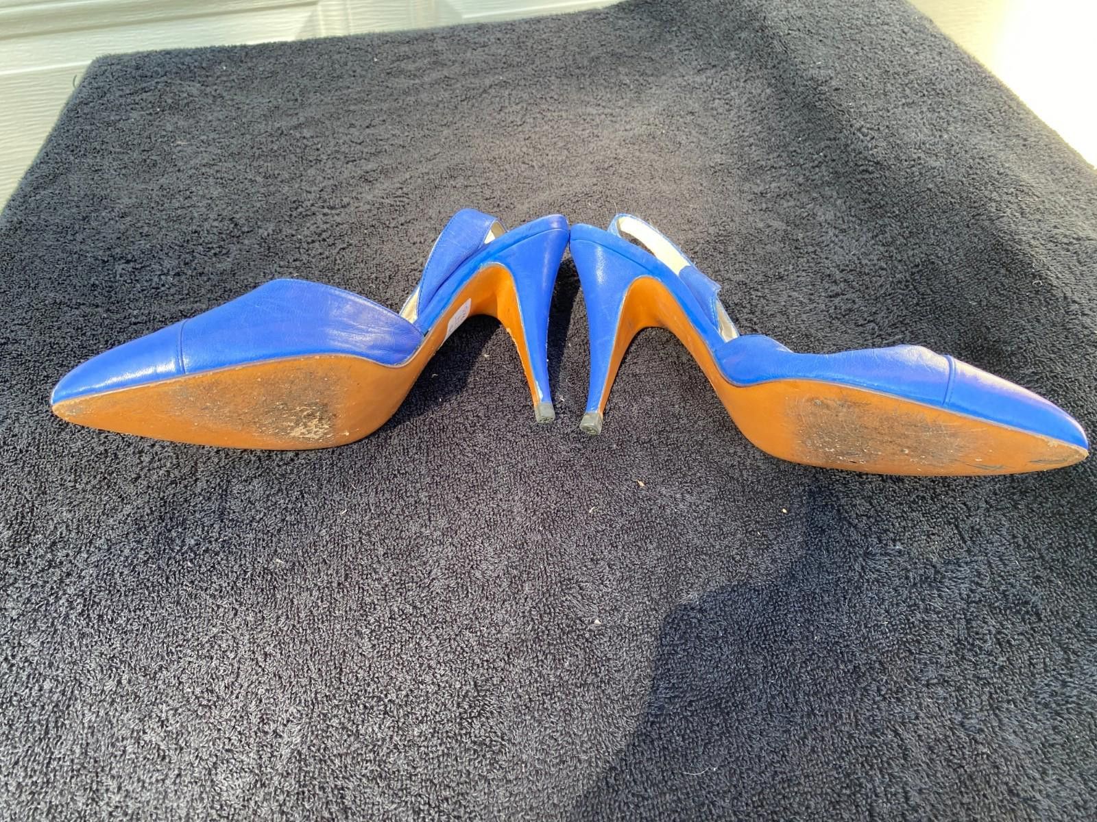 Designer Caressa Blue Heels Size 7 Leather Slingback Pointed Tow S635 Size US 7 / IT 37 - 2 Thumbnail