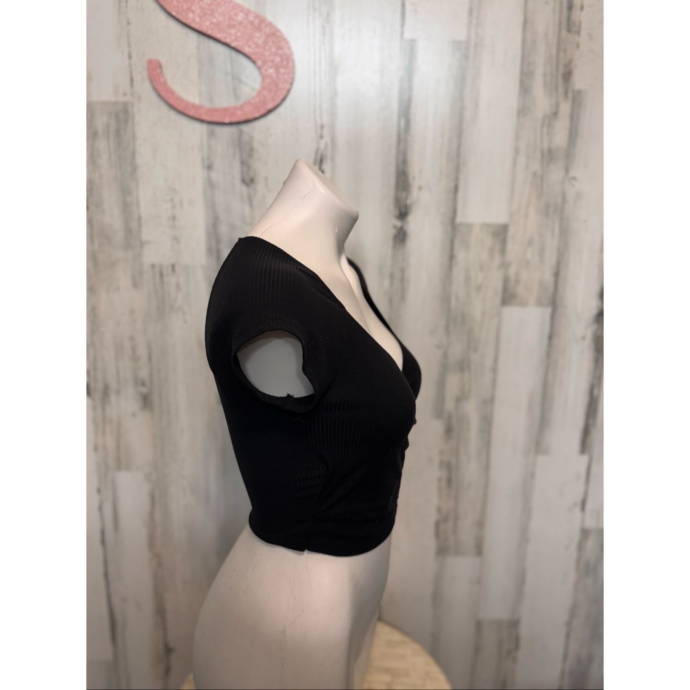 Other Pink Rose Black Ribbed Wrap Crop Top – Size S Size S / US 4 / IT 40 - 3 Thumbnail