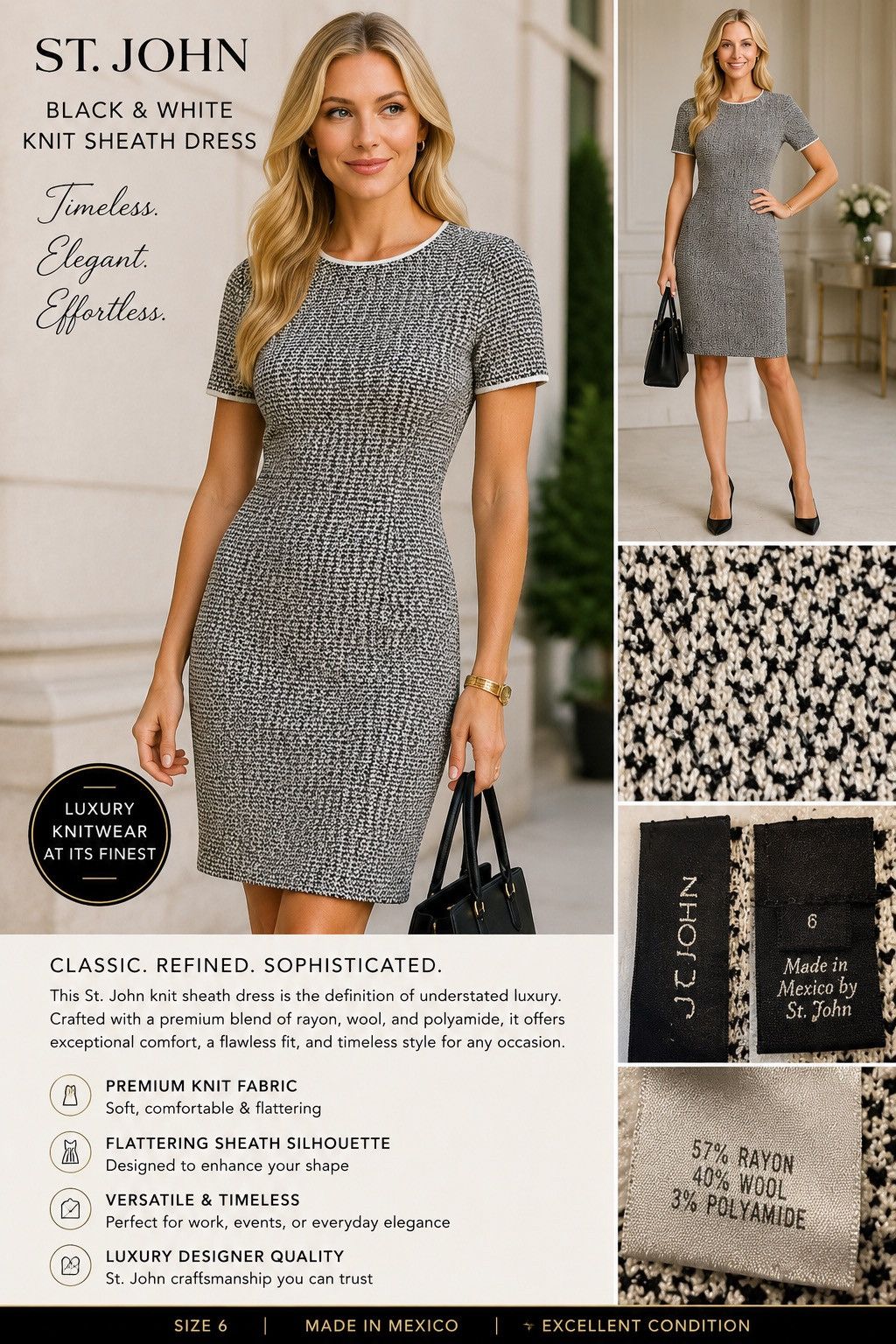 St. John St. John Black & White Knit Sheath Dress – Size 6 Size M / US 6-8 / IT 42-44 - 2 Thumbnail