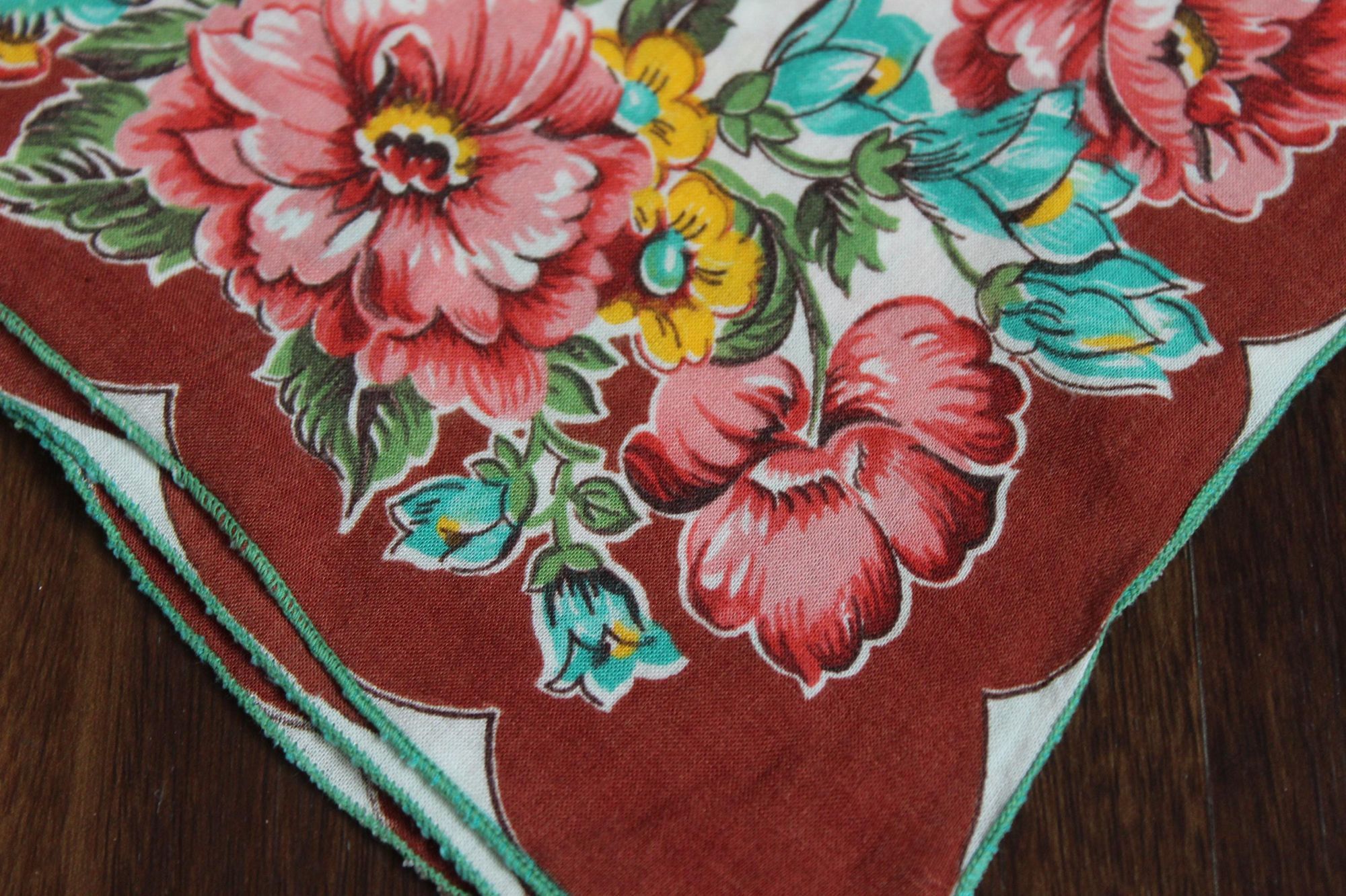 Vintage Vintage Handkerchief, Brown and Teal Wildflower Floral Print Size ONE SIZE - 3 Thumbnail