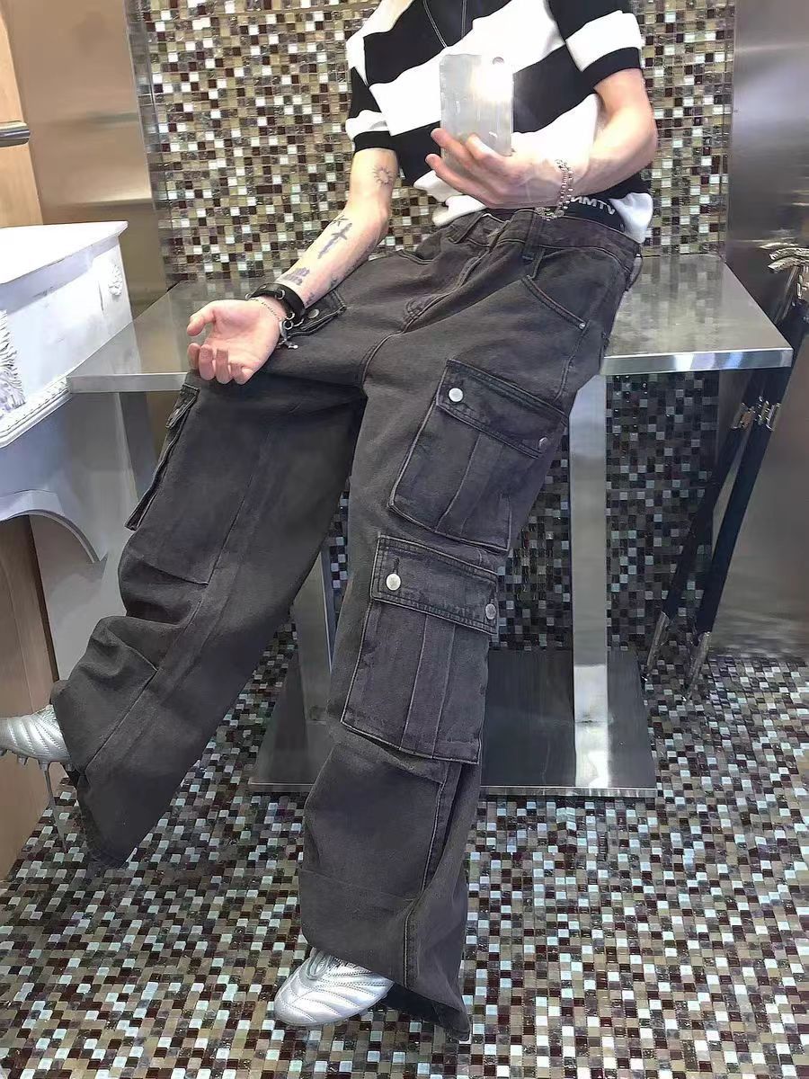 Black Casual Baggy Multi-Pocket Workwear Denim Trousers