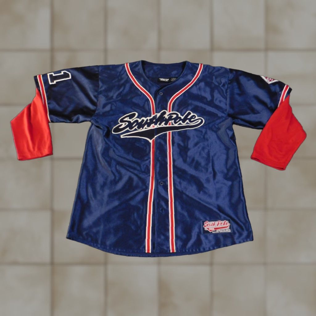 Southpole VINTAGE South Pole Shirt Mens Large Navy Red Baseball Jersey Button Front 3/4 Sleeve Size US L / EU 52-54 / 3 - 1 Thumbnail