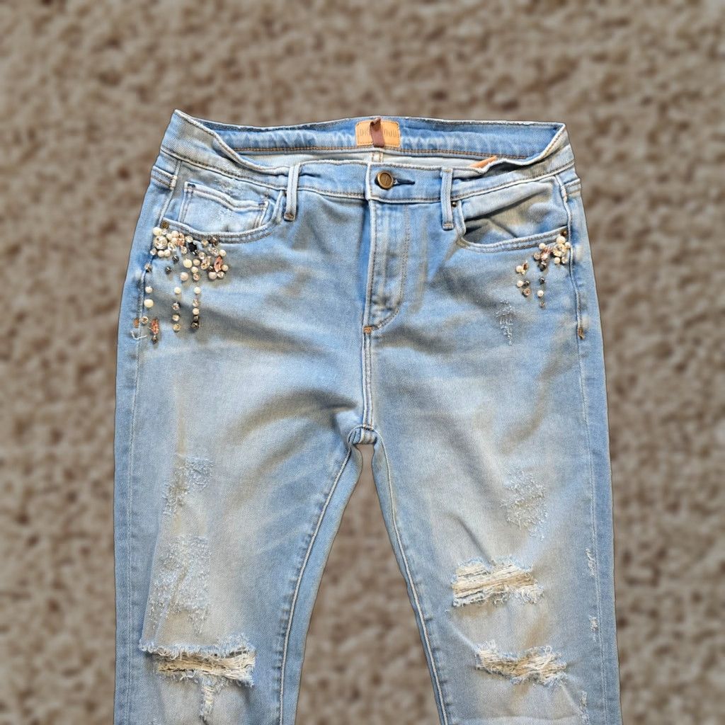 Vintage Driftwood Jeans Womens Size 29 Blue Rhinestones Pearls Distressed Jackie Skinny Bohemian Size 29" - 1 Thumbnail