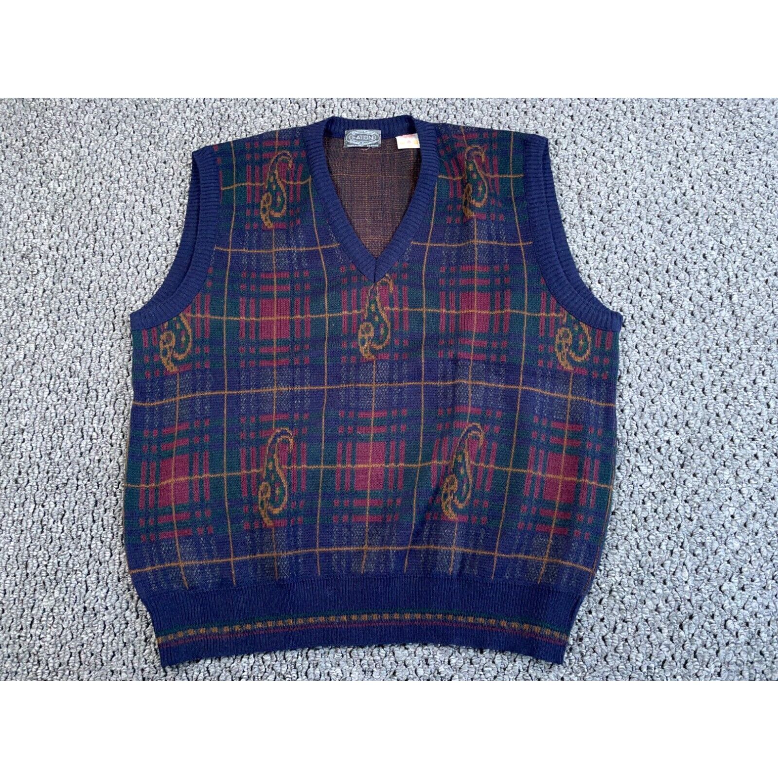 Vintage VTG 80s Eaton Shadow Plaid Paisley Sweater Vest Adult XL Blue Italy Knit Size US XL / EU 56 / 4 - 1 Preview