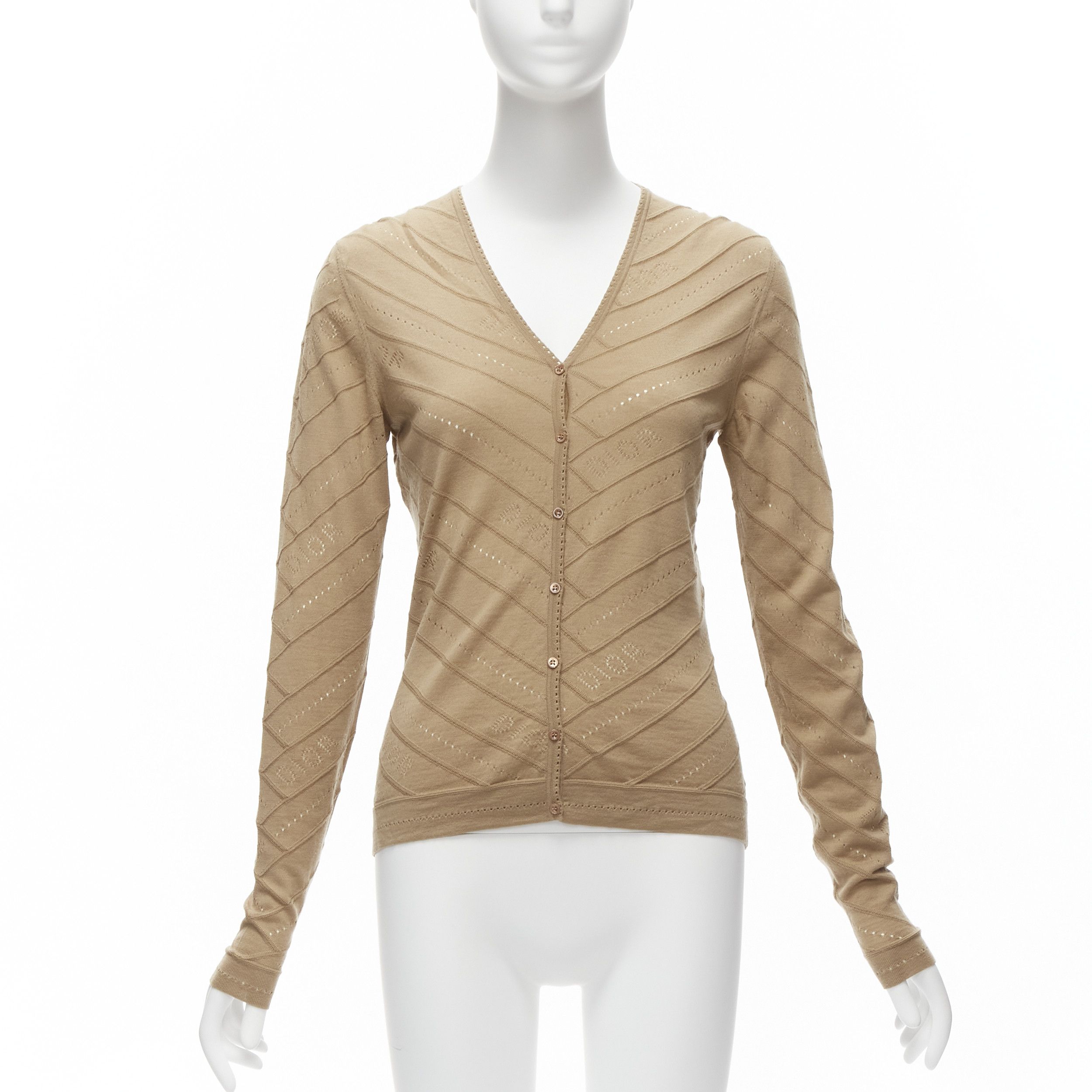 CHRISTIAN DIOR Vintage Galliano brown Dior logo Pointelle knit cardigan FR36 S