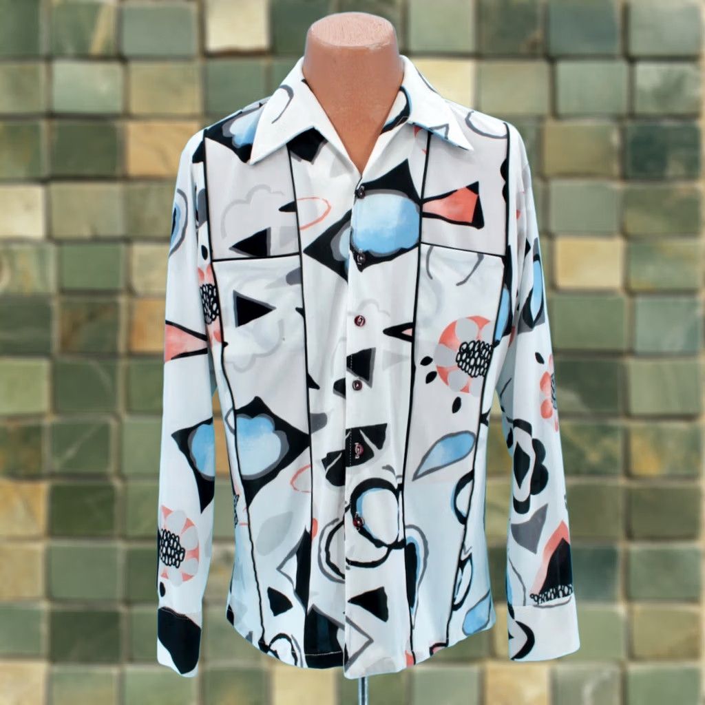 Vintage VINTAGE Joel Shirt L White Men VTG 70s Black Abstract Pattern Polyester 1970s Disco Size US L / EU 52-54 / 3 - 1 Thumbnail