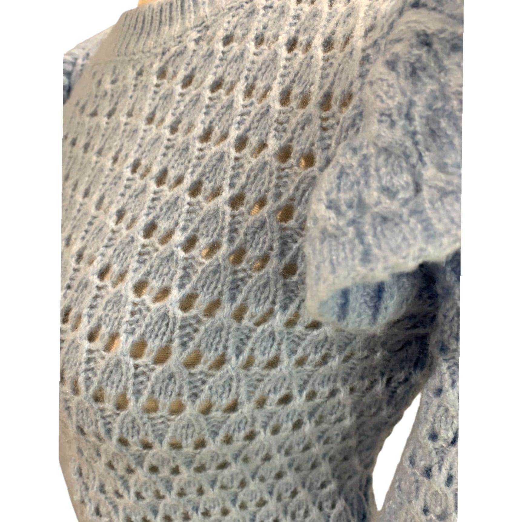 Loft VINTAGE Loft XS Womens Blue Open Weave Sweater Ruffle Shoulder Pullover Size XS / US 0-2 / IT 36-38 - 5 Thumbnail