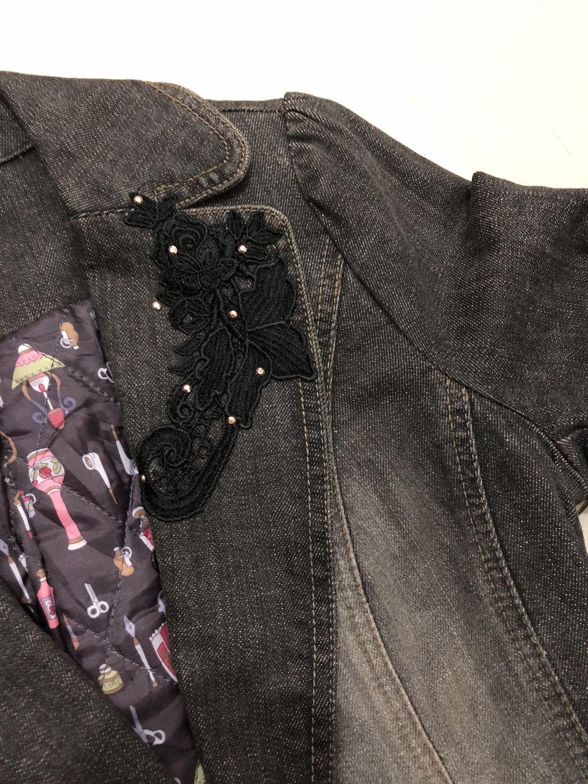 14th Addiction Vintage Black Denim Blazer Jacket with Floral Embroidery Size S / US 4 / IT 40 - 4 Thumbnail